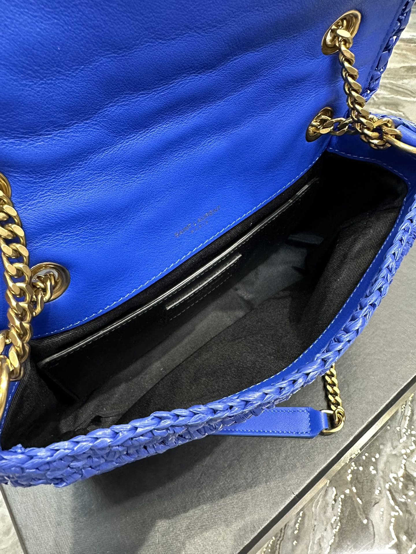 YSL NIKI CHAIN BAG IN RAFFIA AND LEATHER BLUE 22*16.5*12 CM - Image 10