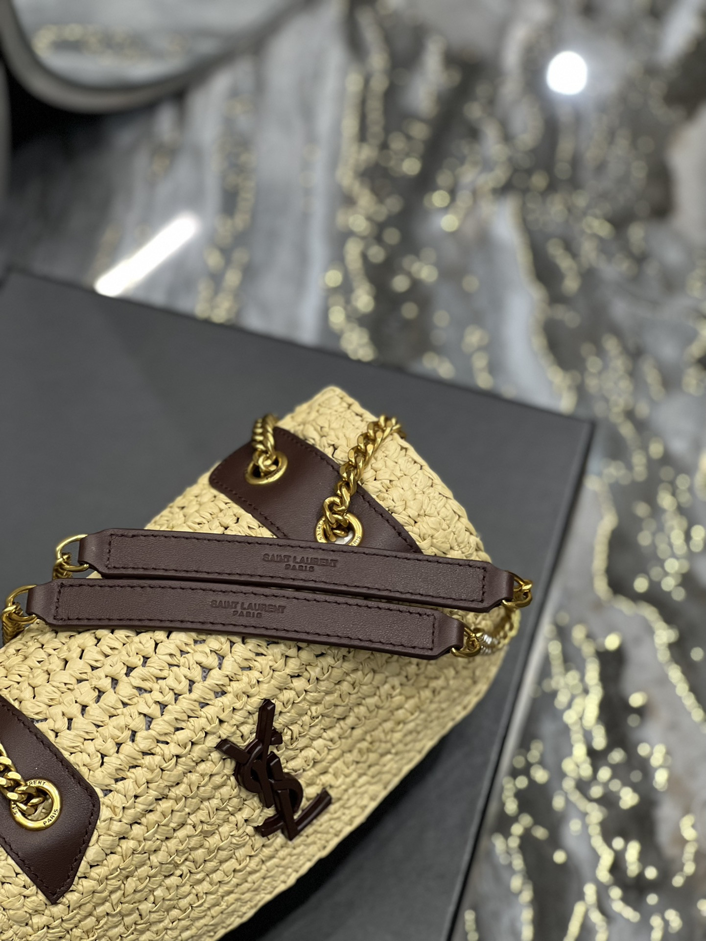 YSL NIKI CHAIN BAG IN RAFFIA AND LEATHER BEIGE 22*16.5*12 CM - Image 5