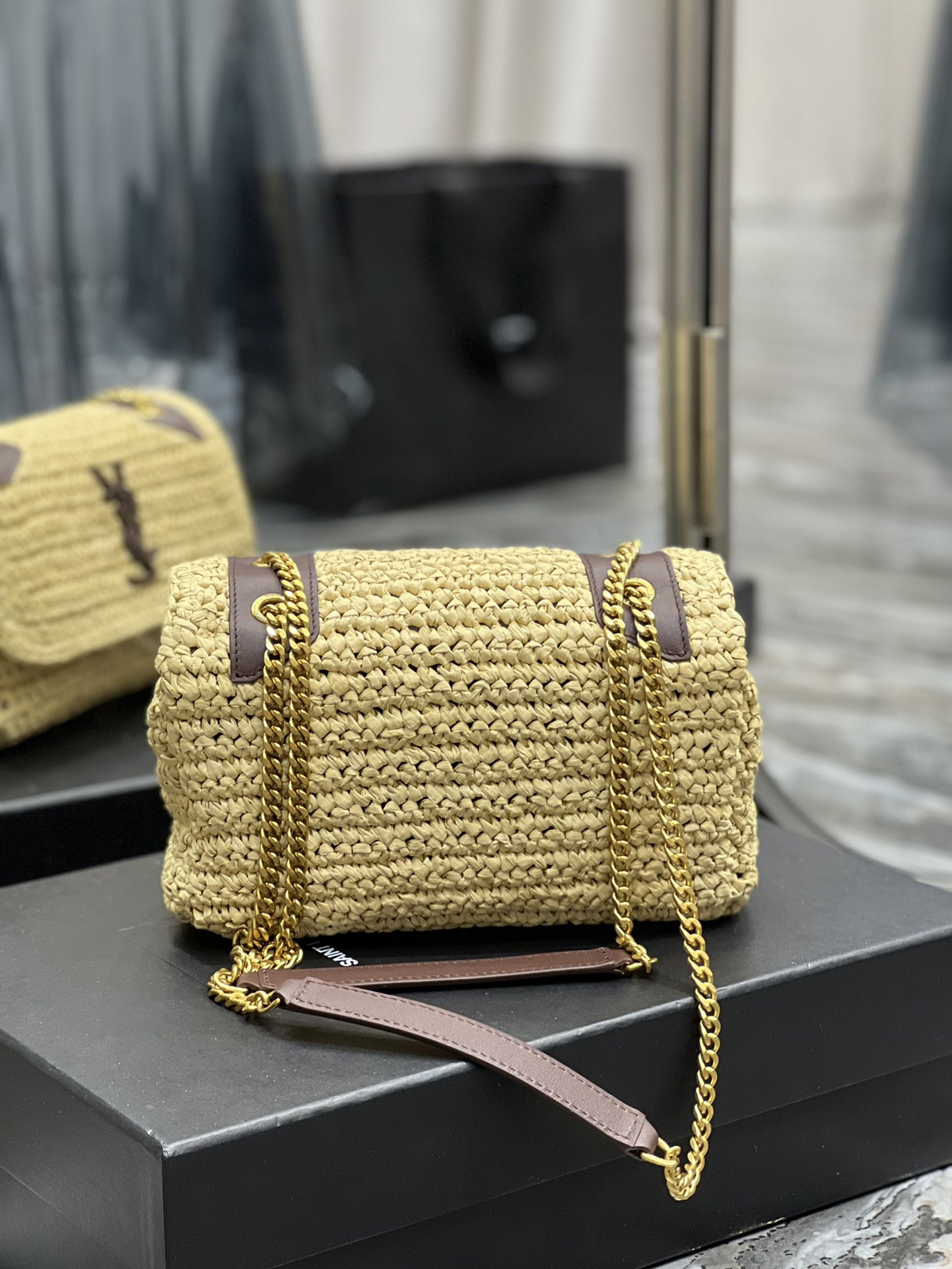YSL NIKI CHAIN BAG IN RAFFIA AND LEATHER BEIGE 22*16.5*12 CM - Image 7
