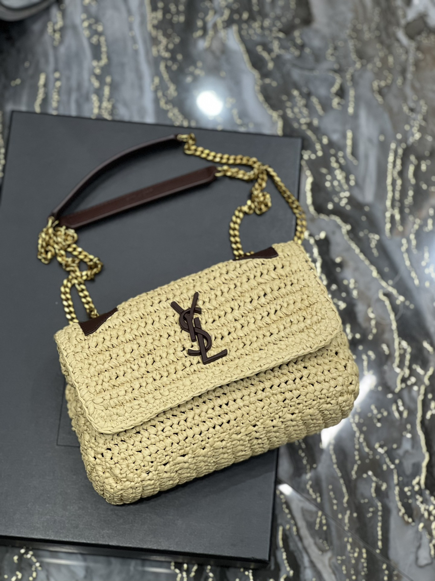 YSL NIKI CHAIN BAG IN RAFFIA AND LEATHER BEIGE 22*16.5*12 CM - Image 8