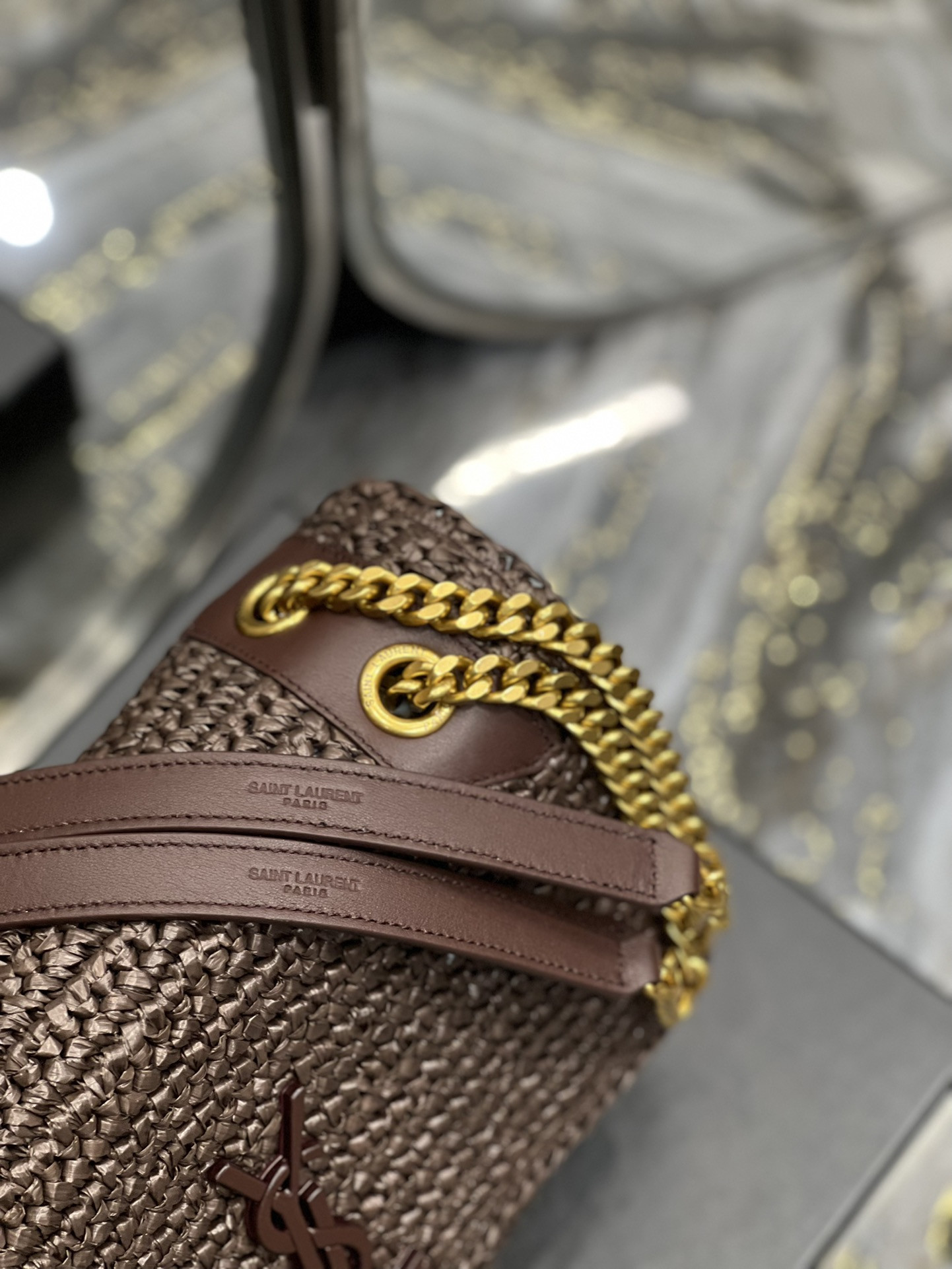 YSL NIKI MEDIUM CHAIN BAG IN RAFFIA AND LEATHER COFFEE 11 X 7.8 X 3.3 INCHES - Image 6
