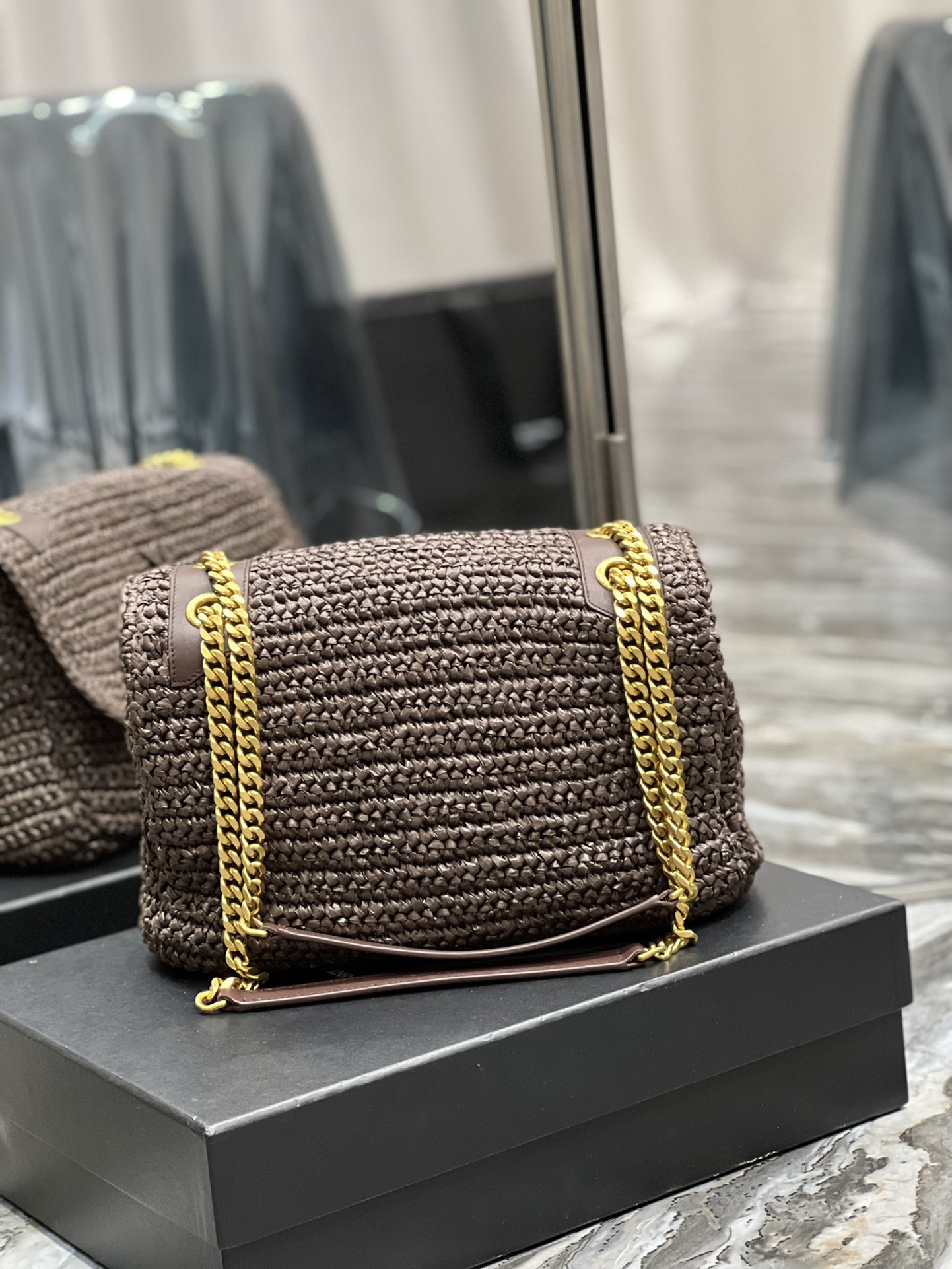 YSL NIKI MEDIUM CHAIN BAG IN RAFFIA AND LEATHER COFFEE 11 X 7.8 X 3.3 INCHES - Image 7