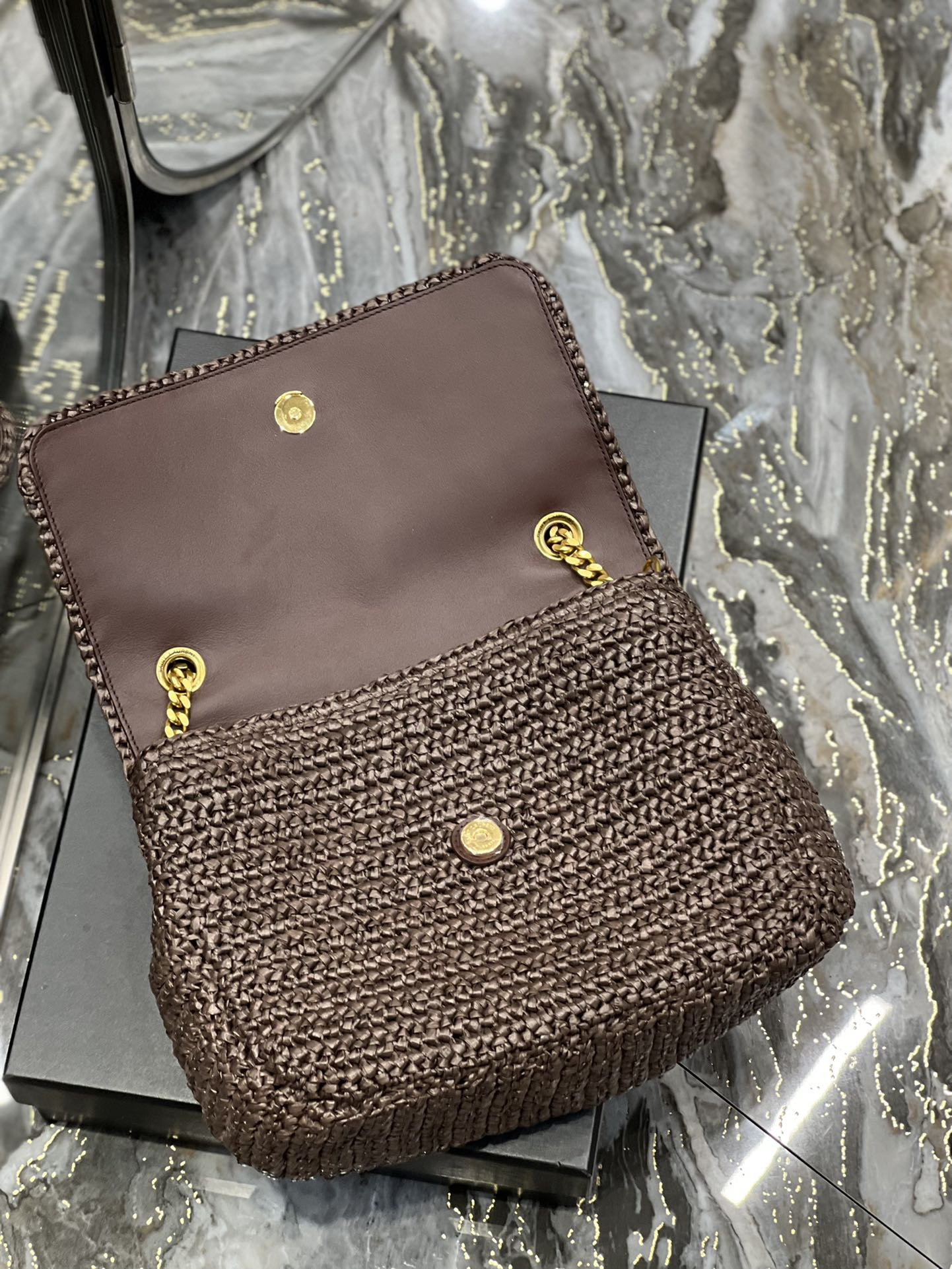 YSL NIKI MEDIUM CHAIN BAG IN RAFFIA AND LEATHER COFFEE 11 X 7.8 X 3.3 INCHES - Image 9