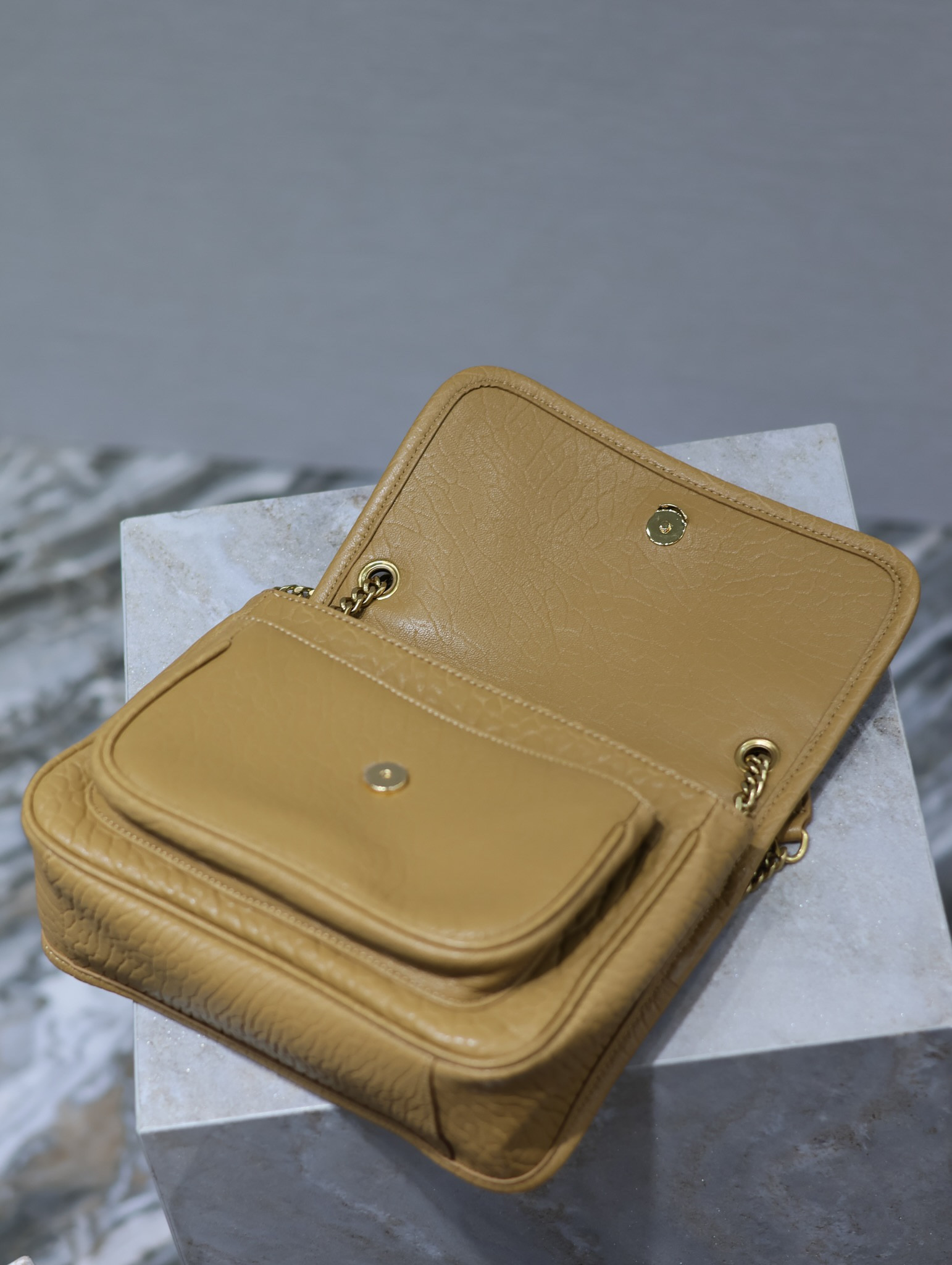YSL NIKI BABY IN VINTAGE LEATHER DARK CORK 8.2 X 6 X 2.9 INCHES - Image 9