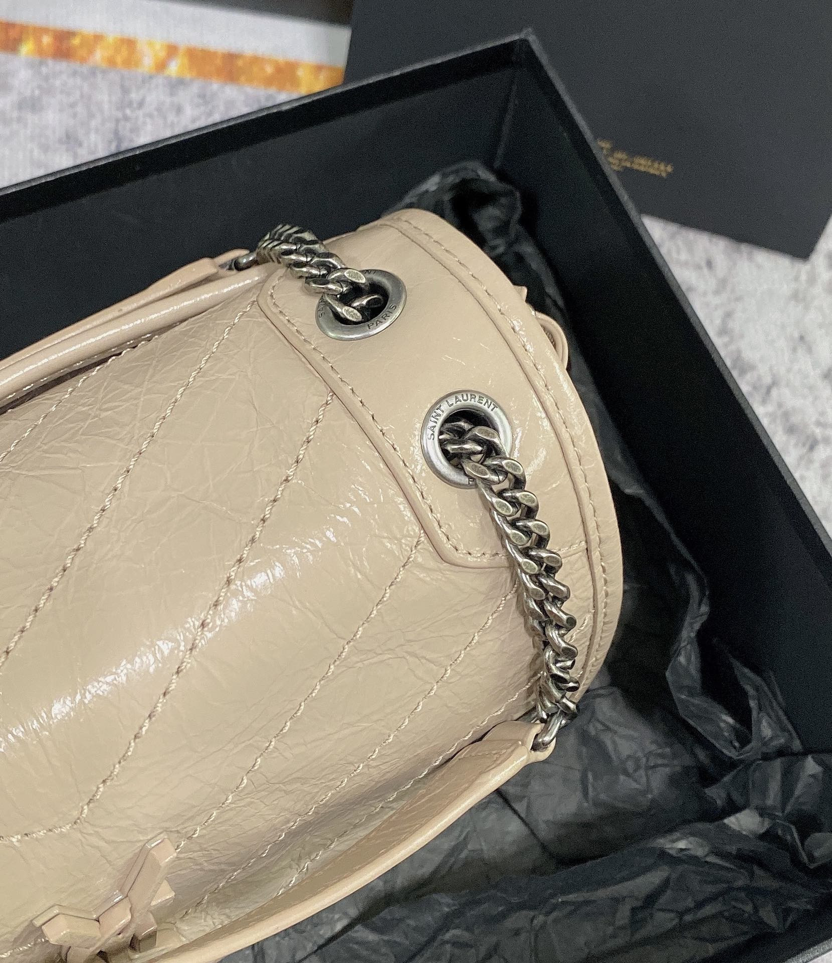 YSL NIKI BABY IN VINTAGE LEATHER BEIGE 8.2 X 6 X 2.9 INCHES - Image 9
