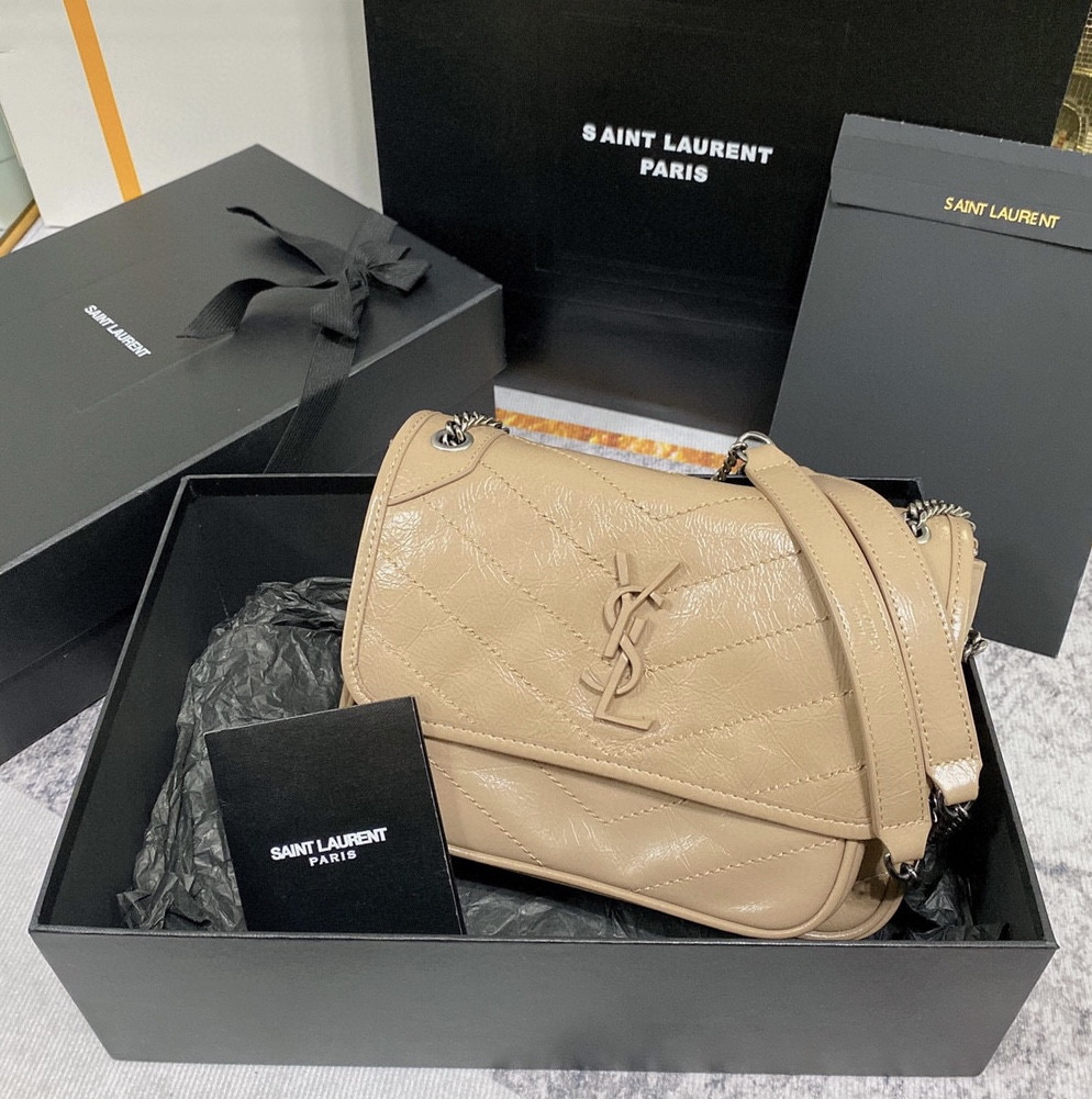 YSL NIKI BABY IN VINTAGE LEATHER BEIGE 8.2 X 6 X 2.9 INCHES