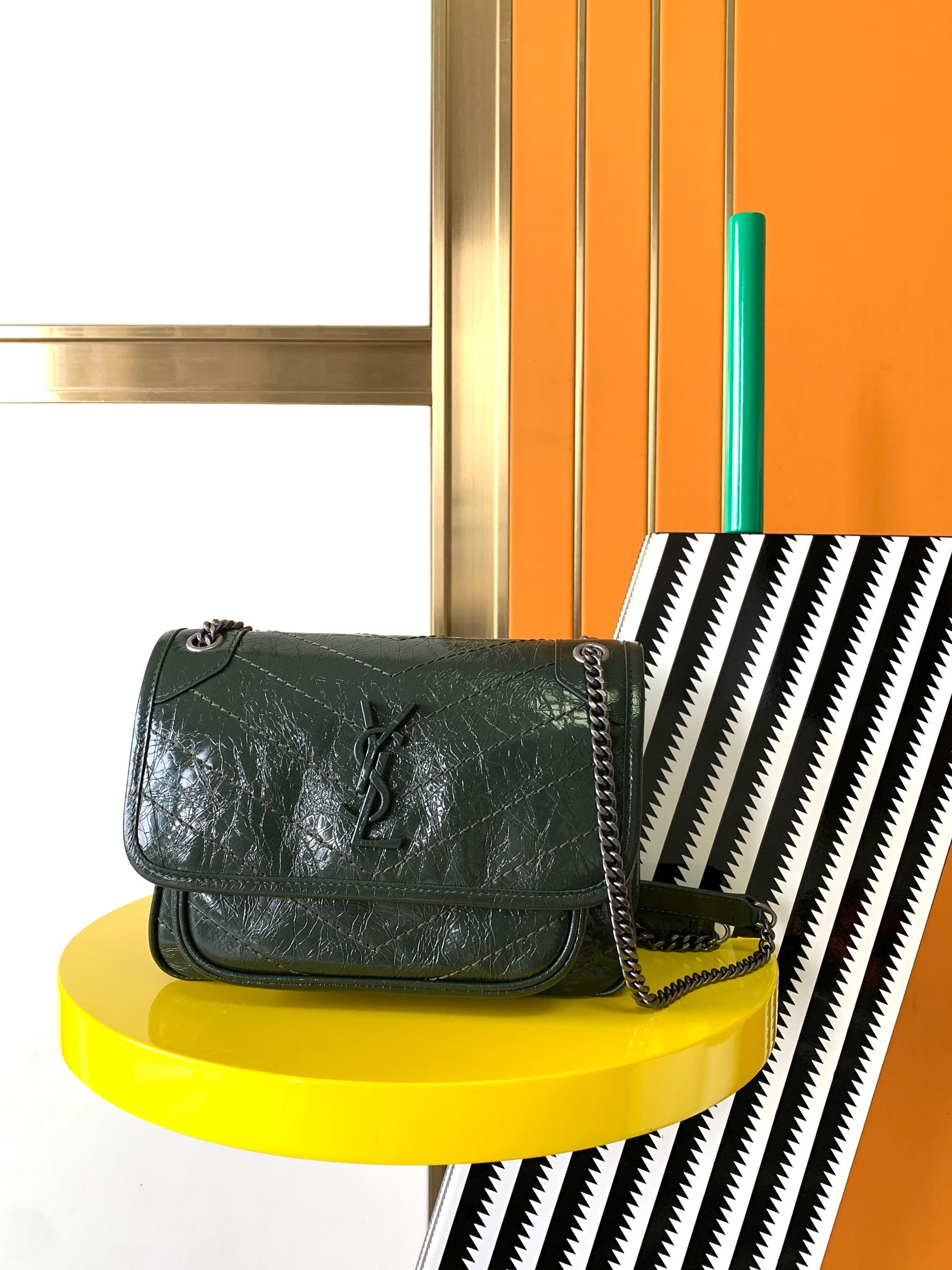 YSL NIKI BABY IN VINTAGE LEATHER DARK GREEN 8.2 X 6 X 2.9 INCHES - Image 2