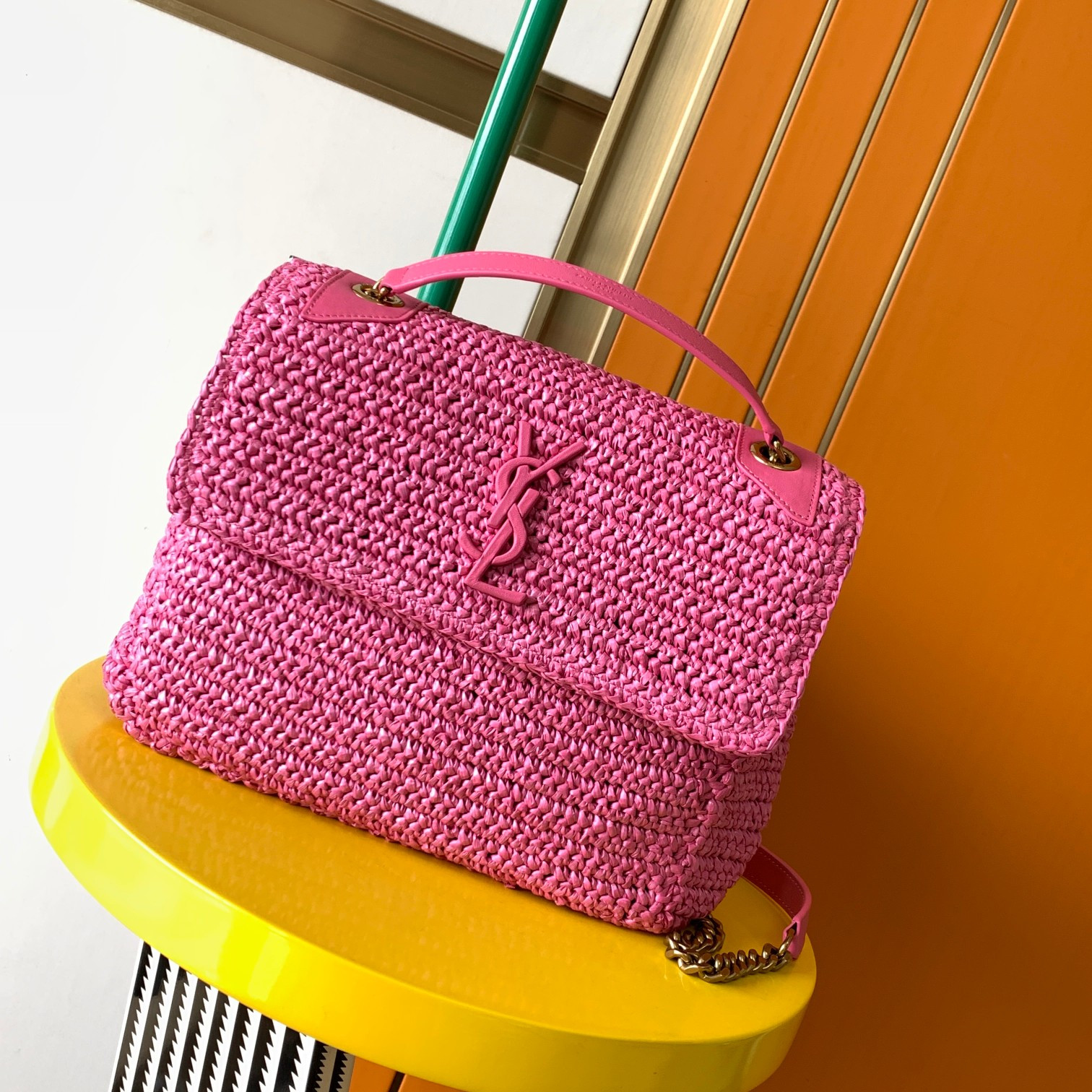YSL NIKI MEDIUM CHAIN BAG IN RAFFIA AND LEATHER 11 X 7.8 X 3.3 INCHES - Image 2