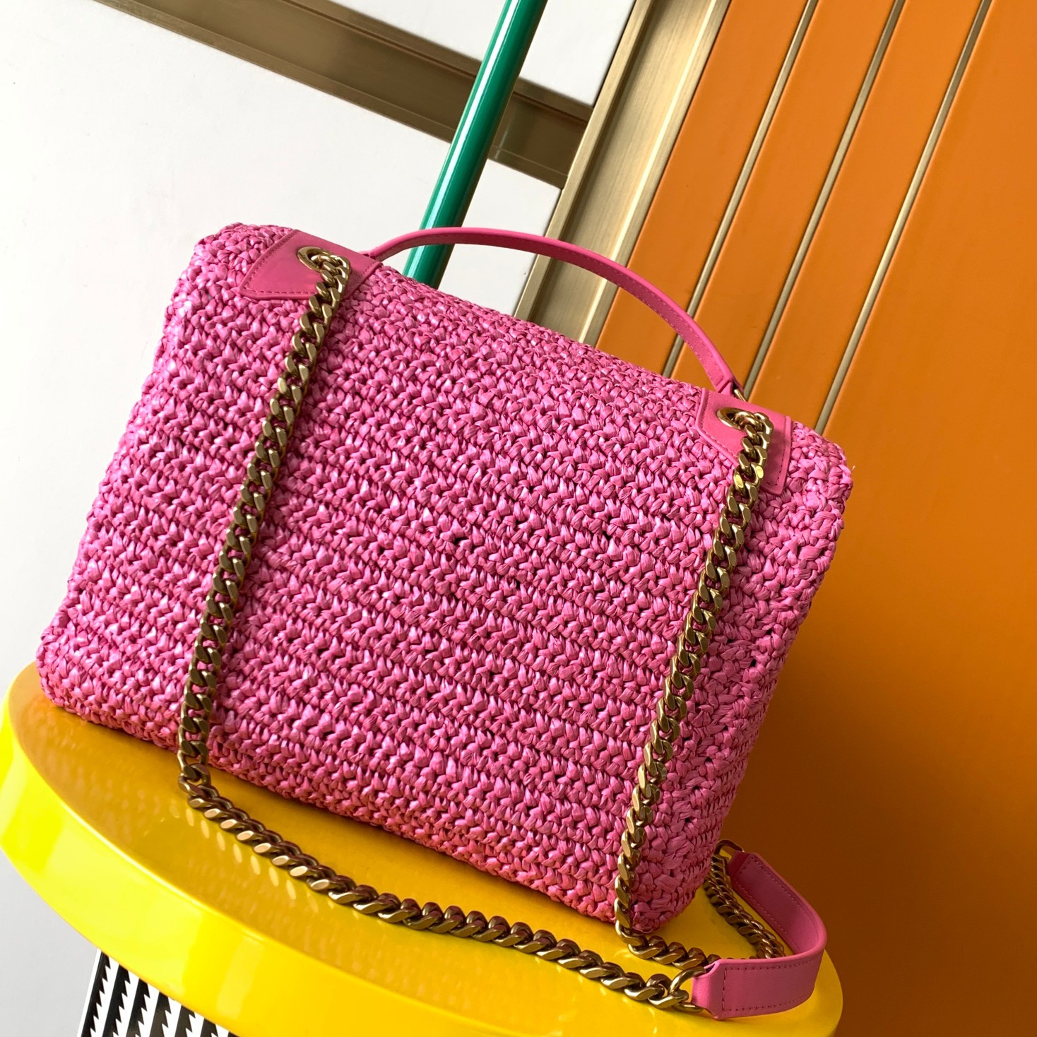 YSL NIKI MEDIUM CHAIN BAG IN RAFFIA AND LEATHER 11 X 7.8 X 3.3 INCHES - Image 5