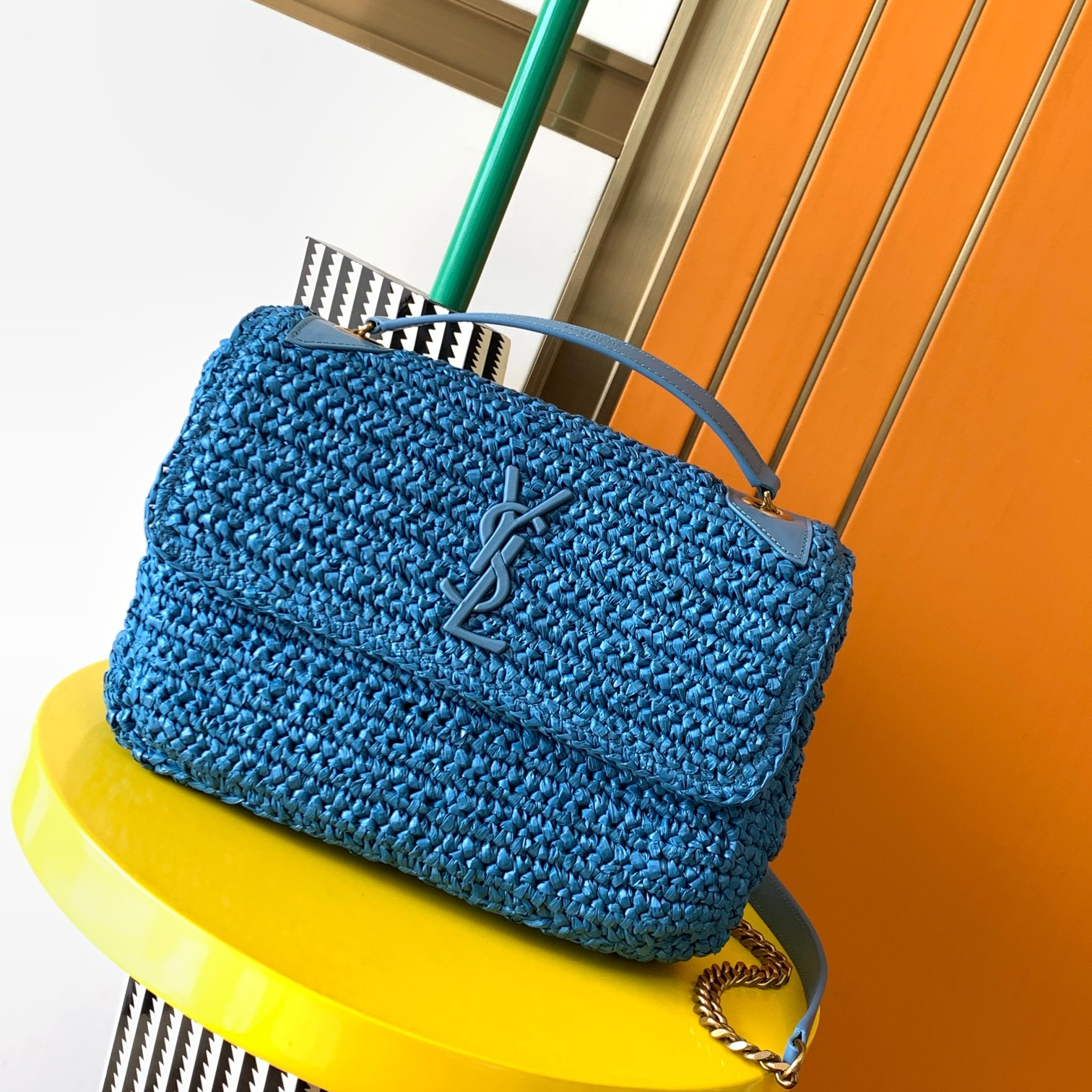 YSL NIKI MEDIUM CHAIN BAG IN RAFFIA AND LEATHER BLUE 11 X 7.8 X 3.3 INCHES - Image 2