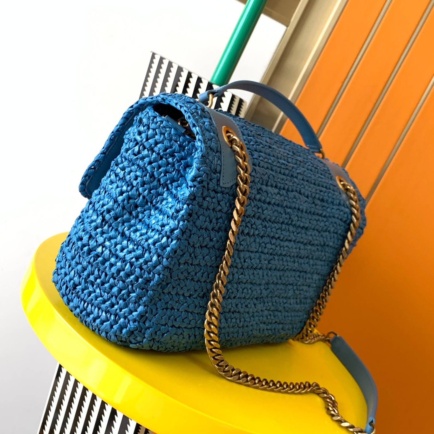 YSL NIKI MEDIUM CHAIN BAG IN RAFFIA AND LEATHER BLUE 11 X 7.8 X 3.3 INCHES - Image 3