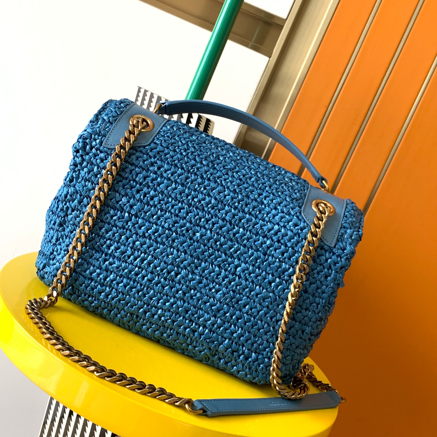 YSL NIKI MEDIUM CHAIN BAG IN RAFFIA AND LEATHER BLUE 11 X 7.8 X 3.3 INCHES - Image 5