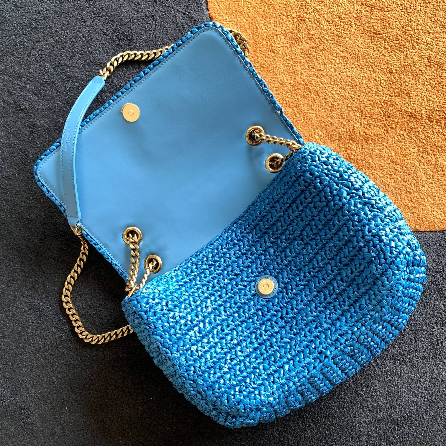 YSL NIKI MEDIUM CHAIN BAG IN RAFFIA AND LEATHER BLUE 11 X 7.8 X 3.3 INCHES - Image 7