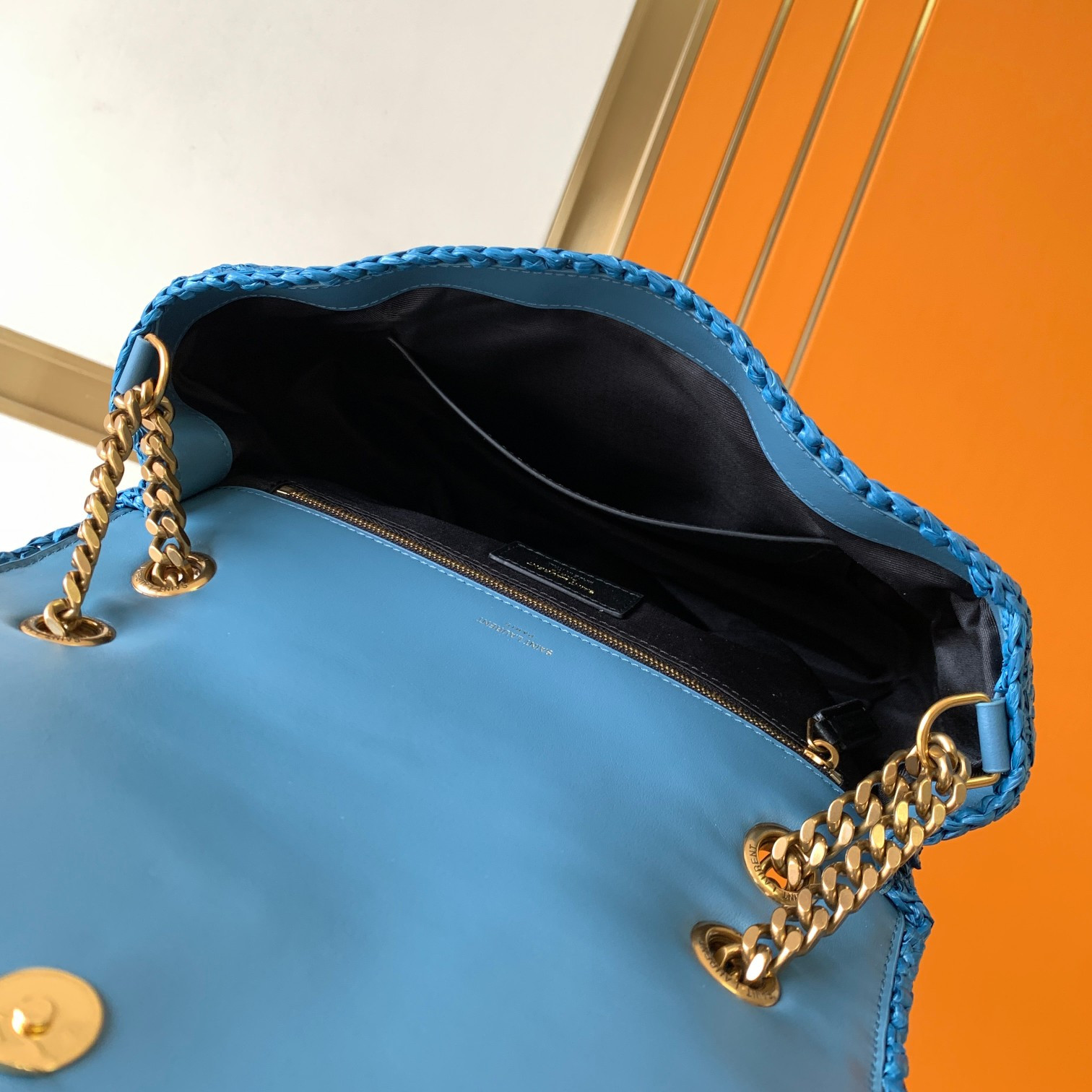 YSL NIKI MEDIUM CHAIN BAG IN RAFFIA AND LEATHER BLUE 11 X 7.8 X 3.3 INCHES - Image 9