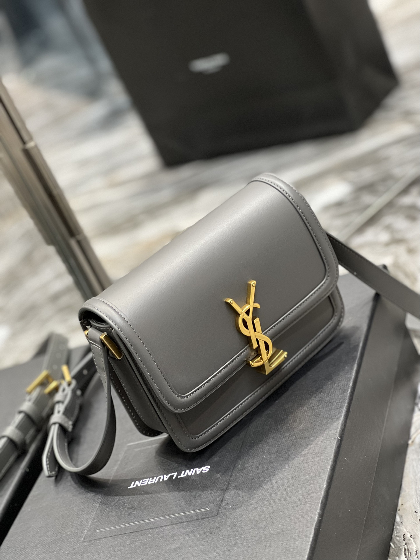 YSL SOLFERINO SMALL SATCHEL IN BOX SAINT LAURENT STORM 7.4 X 5.1 X 1.9 INCHES - Image 4