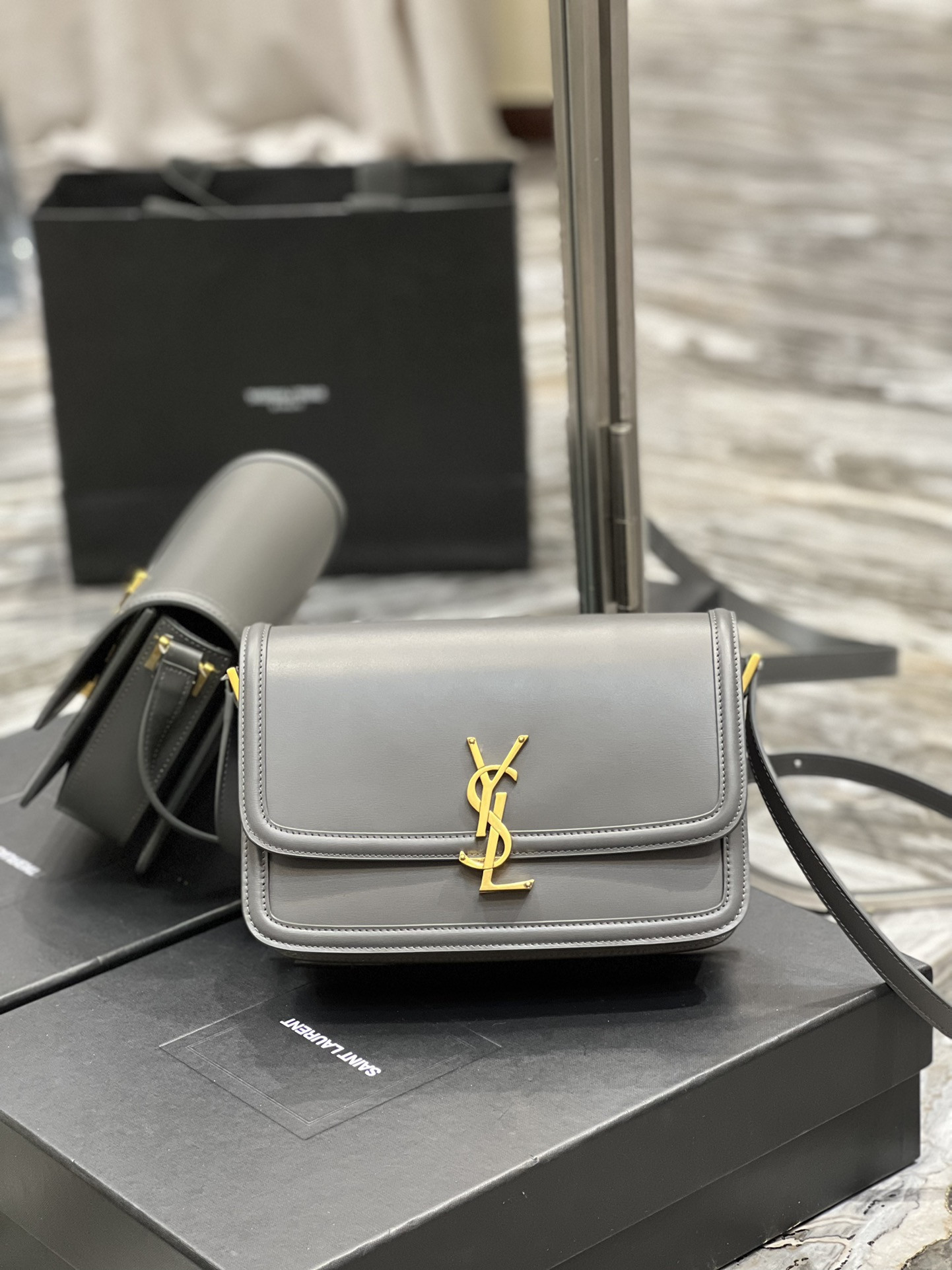 YSL SOLFERINO MEDIUM SATCHEL IN BOX SAINT LAURENT LIGHT GRAY 9.1 X 6.3 X 2.4 INCHES - Image 2