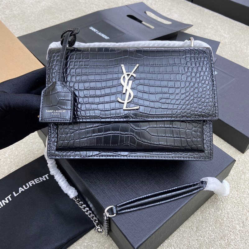 YSL SUNSET LARGE IN SMOOTH LEATHER BLACK WHITE 10.6 X 7 X 3.1 INCHES
