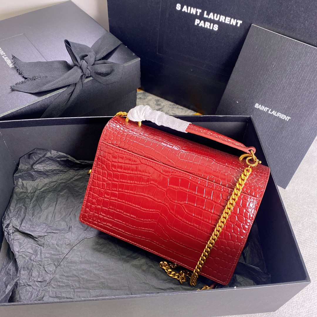 YSL SUNSET CHAIN WALLET IN CROCODILE-EMBOSSED SHINY LEATHER RED 7.4 X 5.5 X 2.1 INCHES - Image 3