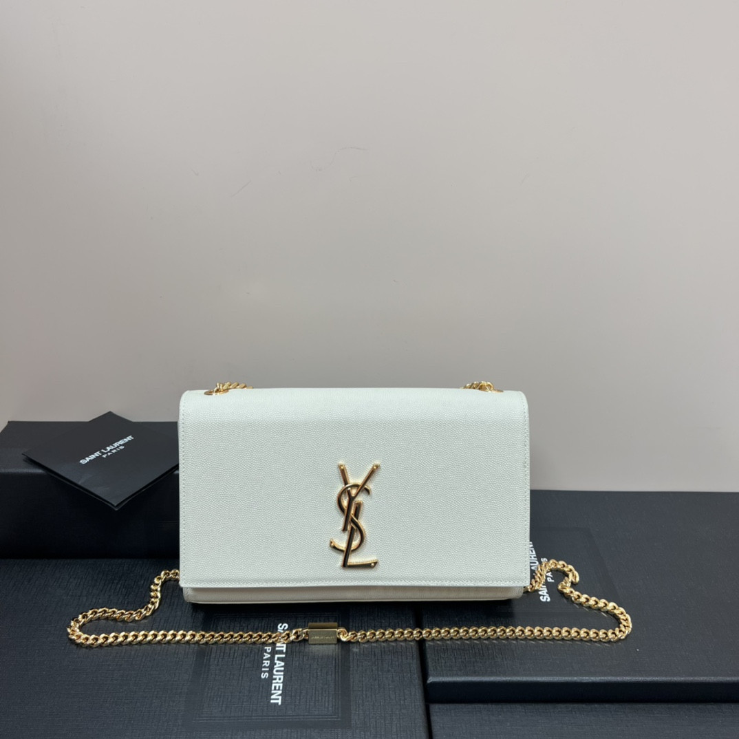 YSL KATE MEDIUM IN GRAIN DE POUDRE EMBOSSED LEATHER WHITE GOLD 9.4 X 5.7 X 2.1 INCHES - Image 2