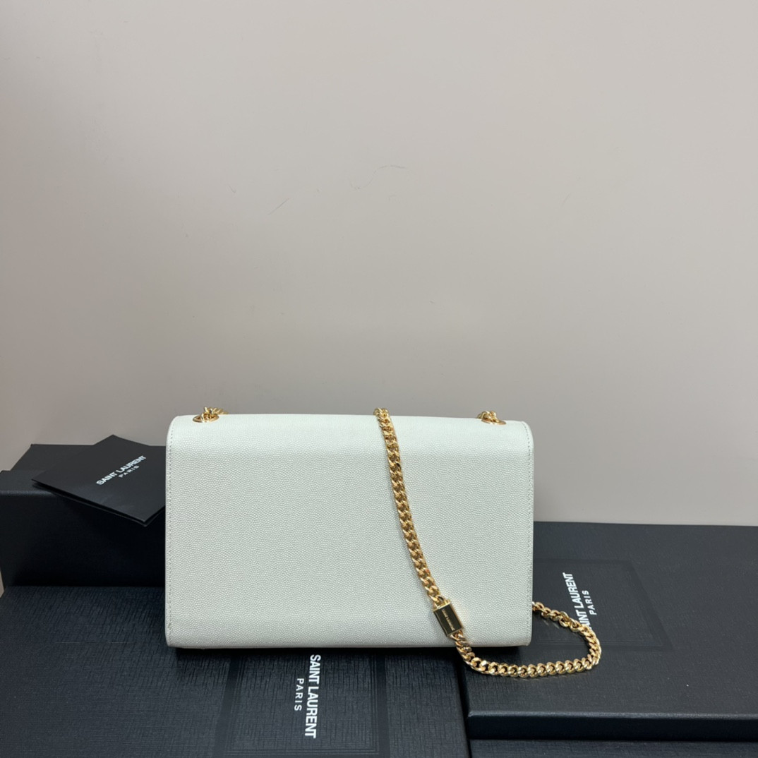 YSL KATE MEDIUM IN GRAIN DE POUDRE EMBOSSED LEATHER WHITE GOLD 9.4 X 5.7 X 2.1 INCHES - Image 3