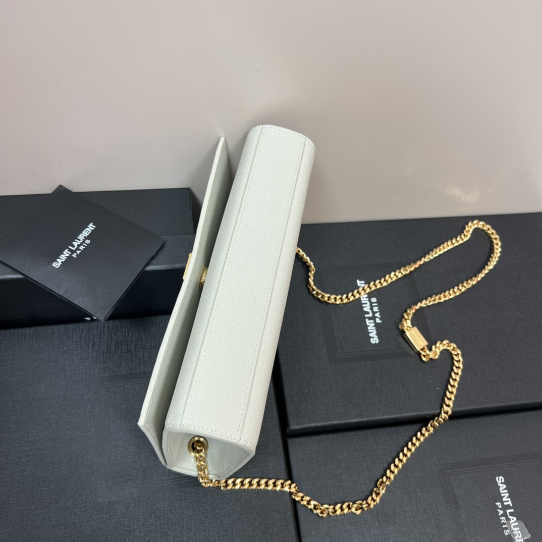 YSL KATE MEDIUM IN GRAIN DE POUDRE EMBOSSED LEATHER WHITE GOLD 9.4 X 5.7 X 2.1 INCHES - Image 4