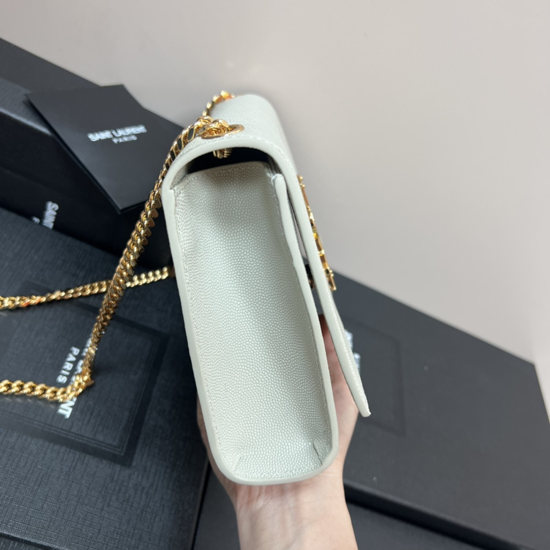 YSL KATE MEDIUM IN GRAIN DE POUDRE EMBOSSED LEATHER WHITE GOLD 9.4 X 5.7 X 2.1 INCHES - Image 5