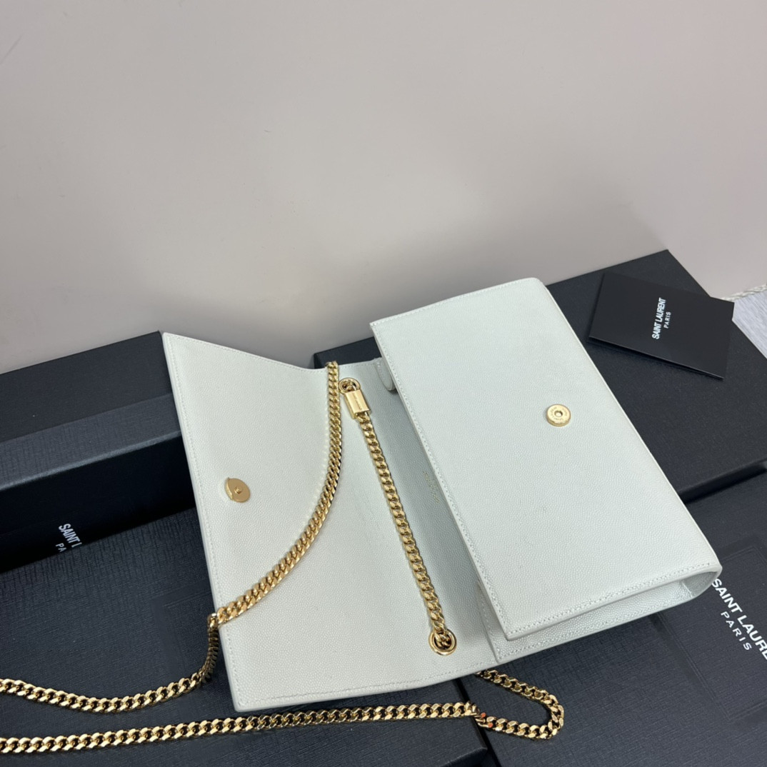 YSL KATE MEDIUM IN GRAIN DE POUDRE EMBOSSED LEATHER WHITE GOLD 9.4 X 5.7 X 2.1 INCHES - Image 8