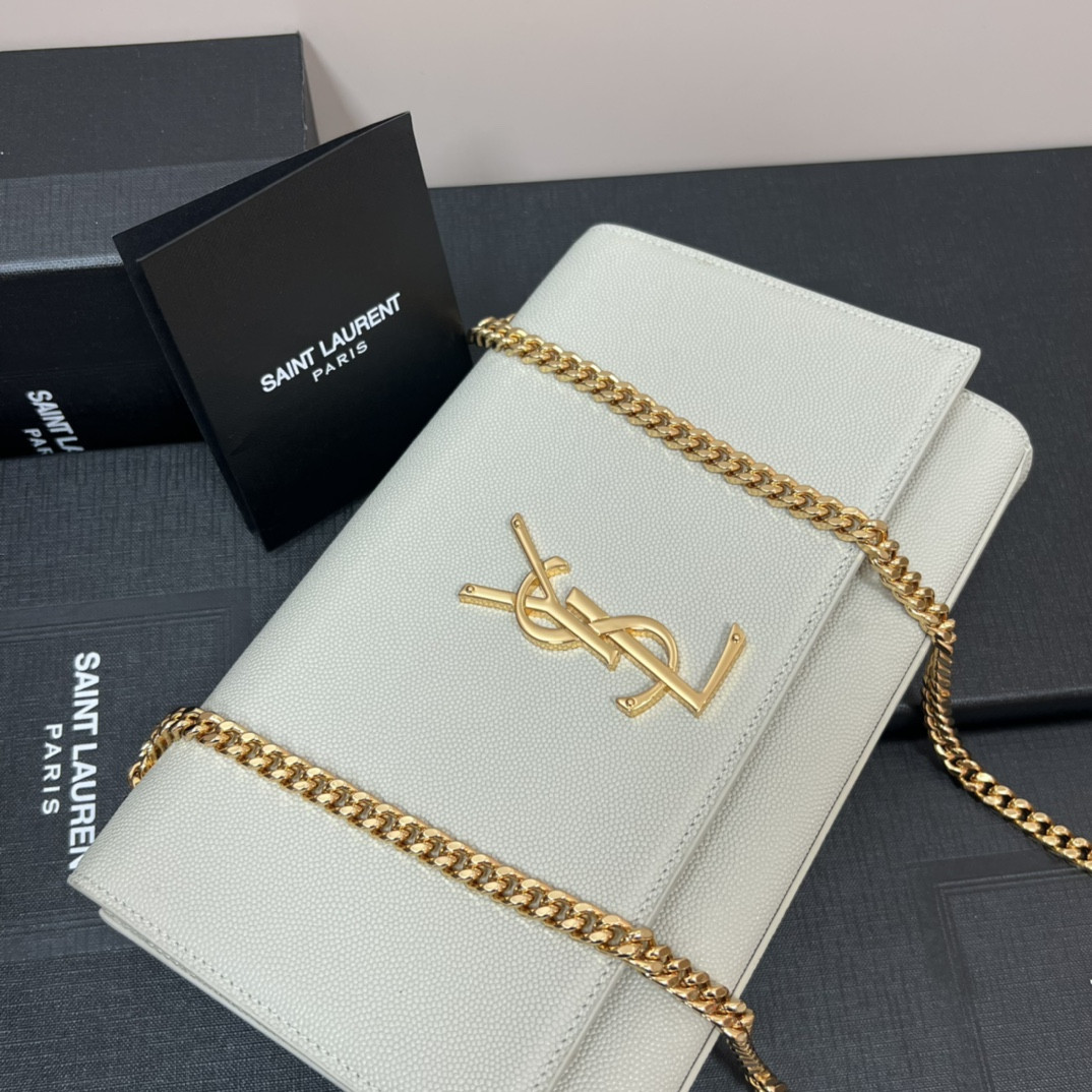 YSL KATE MEDIUM IN GRAIN DE POUDRE EMBOSSED LEATHER WHITE GOLD 9.4 X 5.7 X 2.1 INCHES - Image 9
