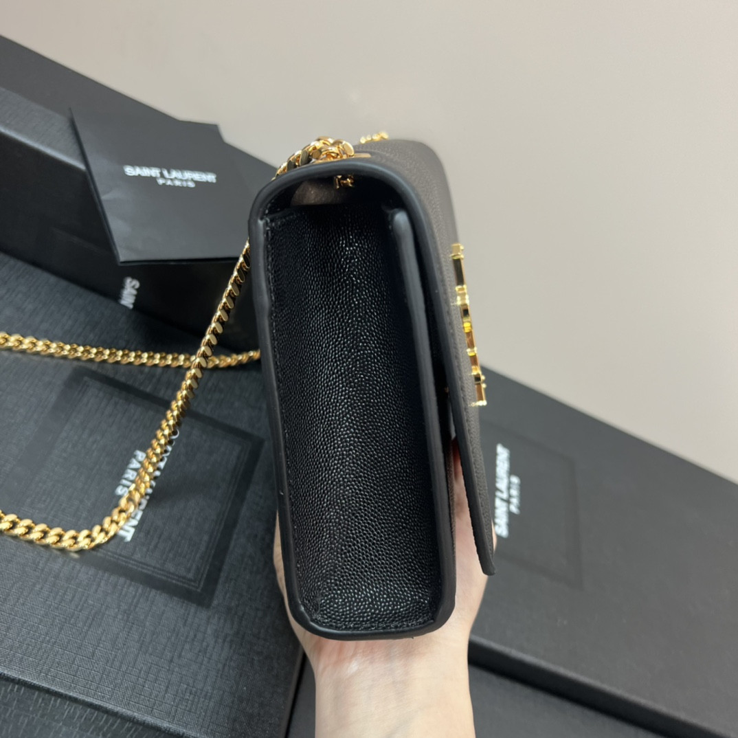 YSL KATE MEDIUM IN GRAIN DE POUDRE EMBOSSED LEATHER BLACK GOLD 9.4 X 5.7 X 2.1 INCHES - Image 6