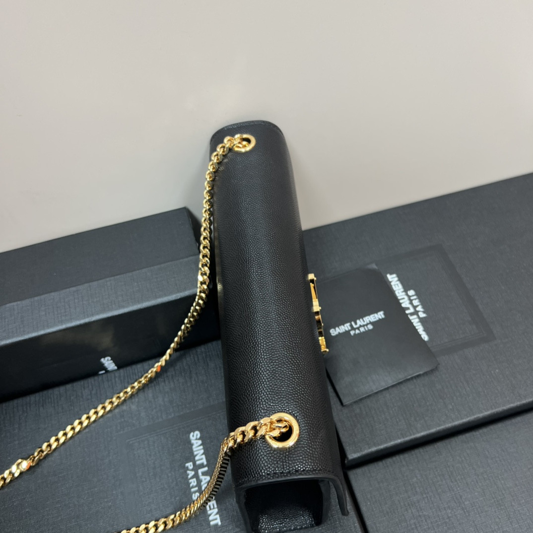 YSL KATE MEDIUM IN GRAIN DE POUDRE EMBOSSED LEATHER BLACK GOLD 9.4 X 5.7 X 2.1 INCHES - Image 7