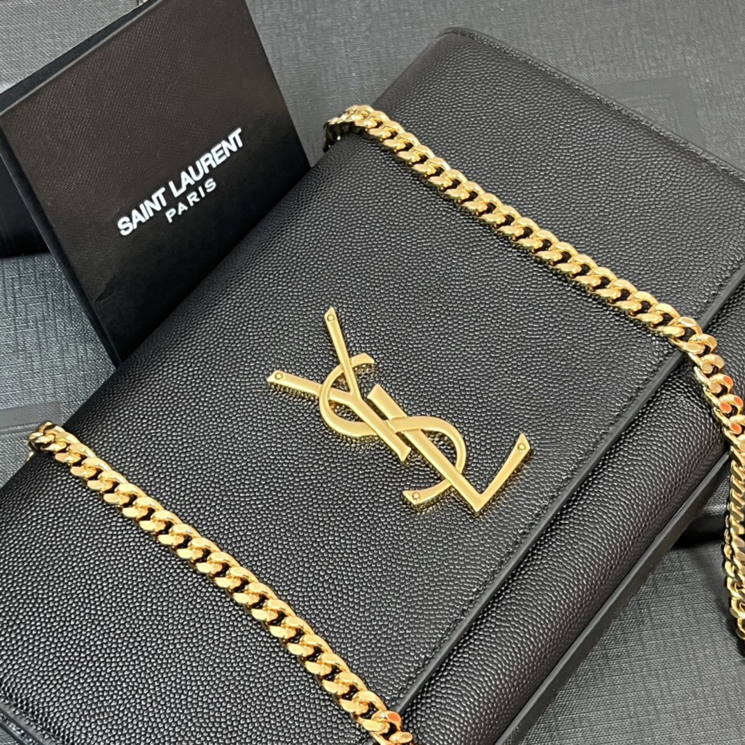 YSL KATE MEDIUM IN GRAIN DE POUDRE EMBOSSED LEATHER BLACK GOLD 9.4 X 5.7 X 2.1 INCHES - Image 9