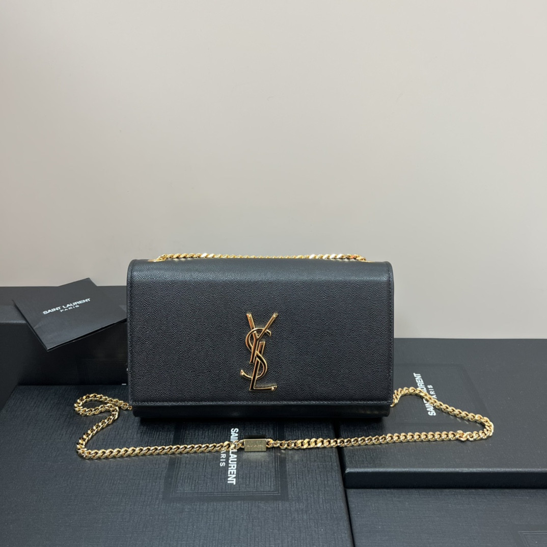 YSL KATE MEDIUM IN GRAIN DE POUDRE EMBOSSED LEATHER BLACK GOLD 9.4 X 5.7 X 2.1 INCHES - Image 2