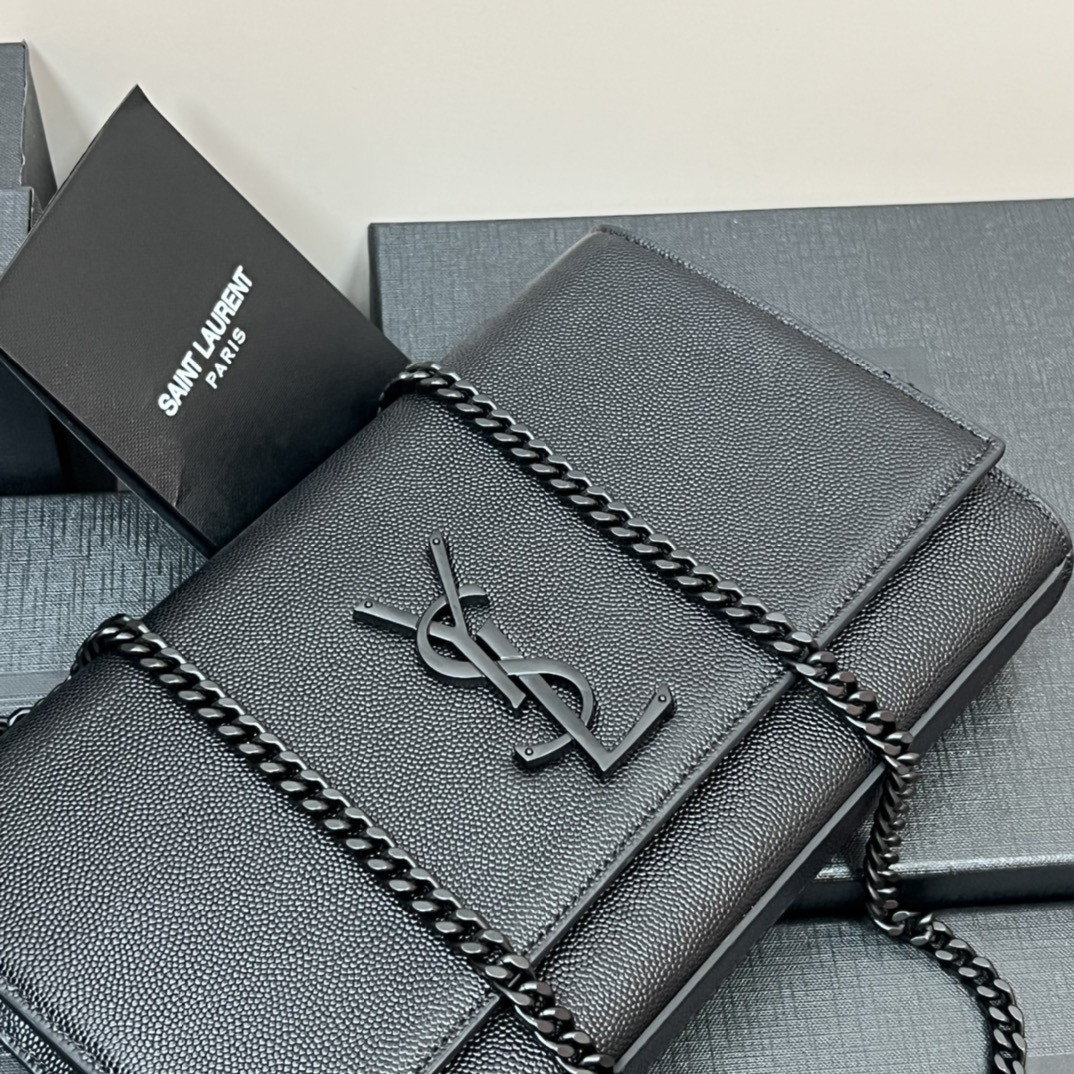 YSL KATE MEDIUM IN GRAIN DE POUDRE EMBOSSED LEATHER ALL BLACK 9.4 X 5.7 X 2.1 INCHES - Image 8