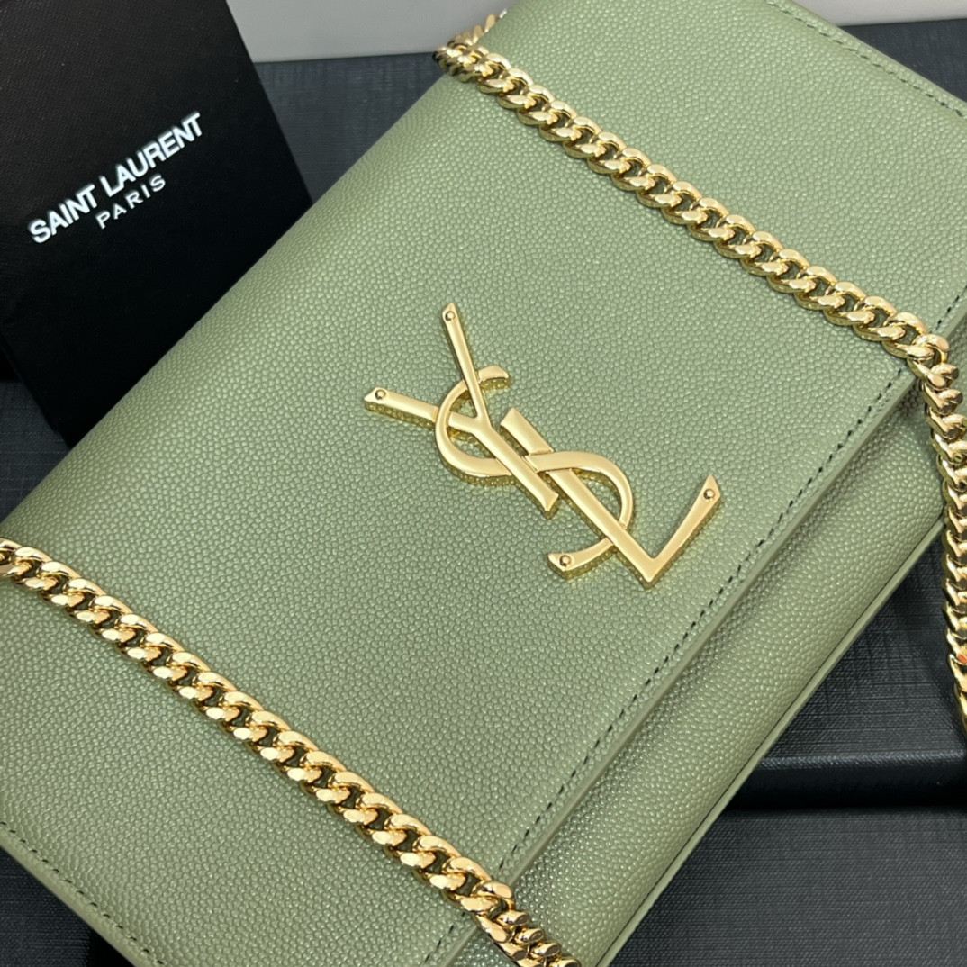 YSL KATE MEDIUM IN GRAIN DE POUDRE EMBOSSED LEATHER GREEN 9.4 X 5.7 X 2.1 INCHES - Image 9