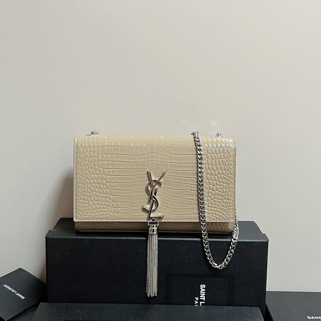YSL KATE MEDIUM TASSEL IN CROCODILE-EMBOSSED LEATHER BEIGE 9.4 X 5.7 X 2.1 INCHES - Image 2