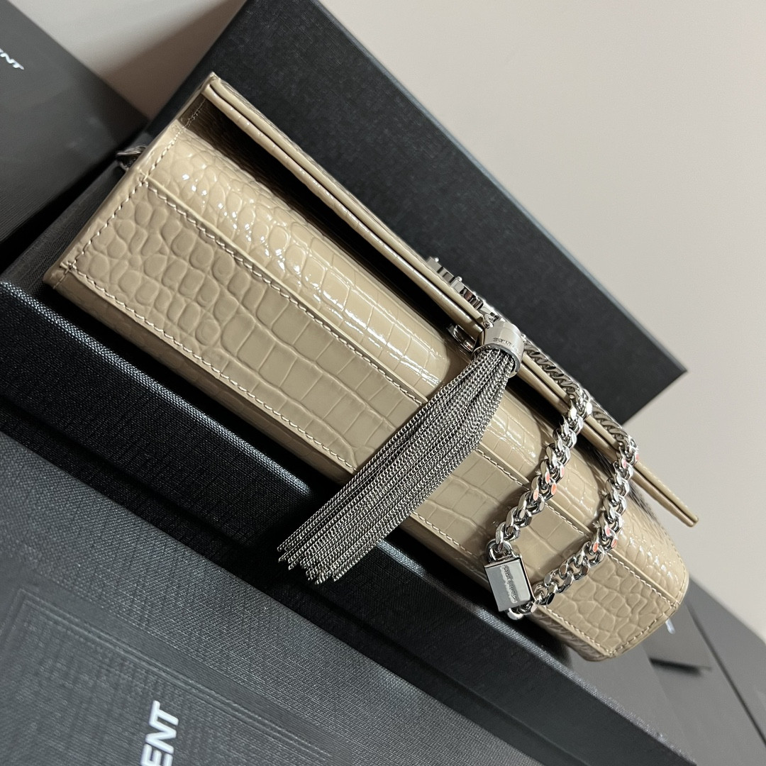 YSL KATE MEDIUM TASSEL IN CROCODILE-EMBOSSED LEATHER BEIGE 9.4 X 5.7 X 2.1 INCHES - Image 4