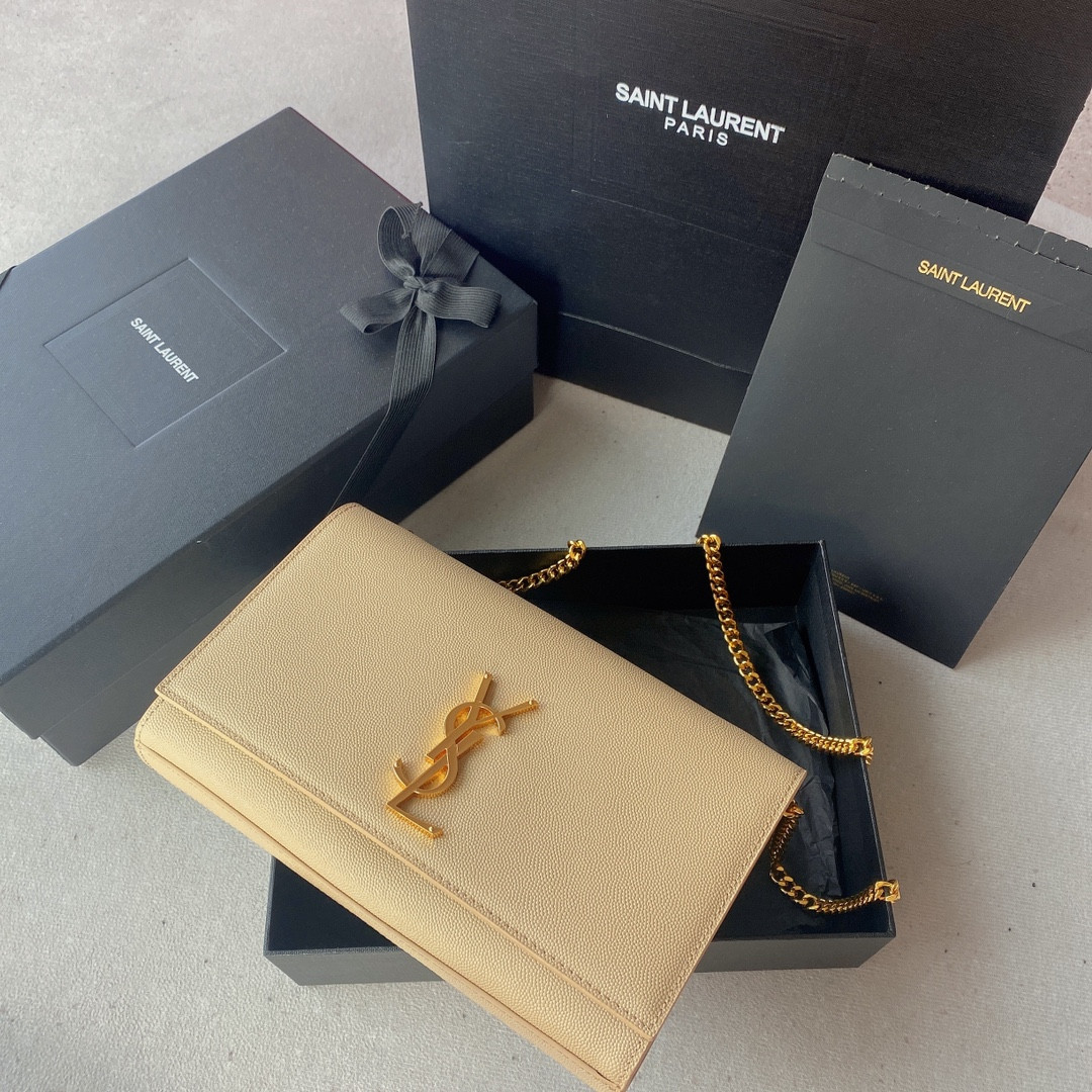 YSL KATE MEDIUM IN GRAIN DE POUDRE EMBOSSED LEATHER DARK BEIGE 9.4 X 5.7 X 2.1 INCHES - Image 2
