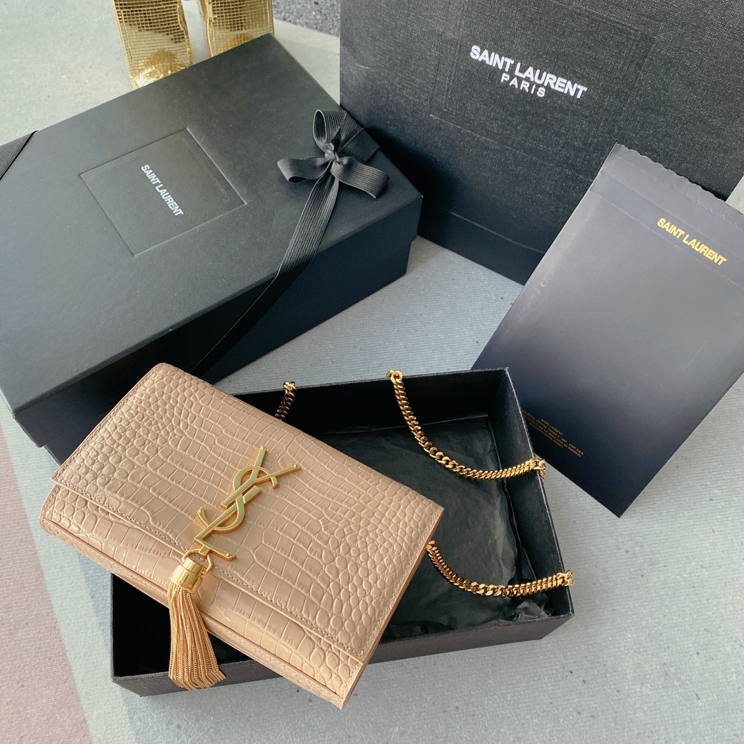 YSL KATE MEDIUM TASSEL IN CROCODILE-EMBOSSED LEATHER PINK 9.4 X 5.7 X 2.1 INCHES