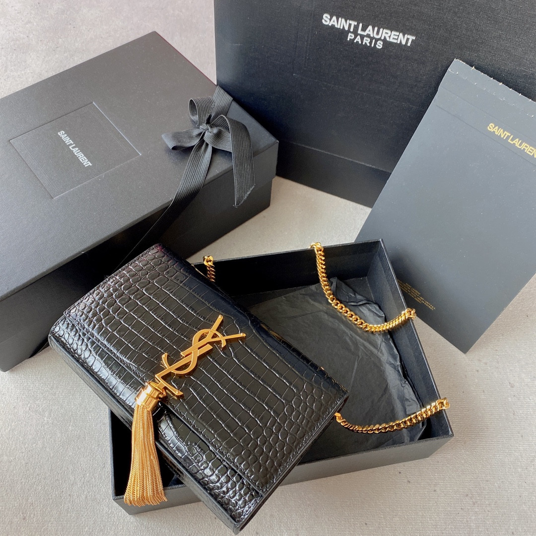 YSL KATE SMALL IN GRAIN DE POUDRE EMBOSSED LEATHER BLACK 7.8 X 4.9 X 1.9 INCHES - Image 2