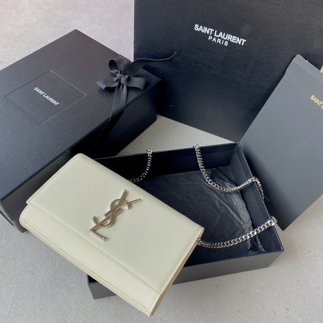 YSL KATE SMALL IN GRAIN DE POUDRE EMBOSSED LEATHER WHITE SILVER 7.8 X 4.9 X 1.9 INCHES - Image 2