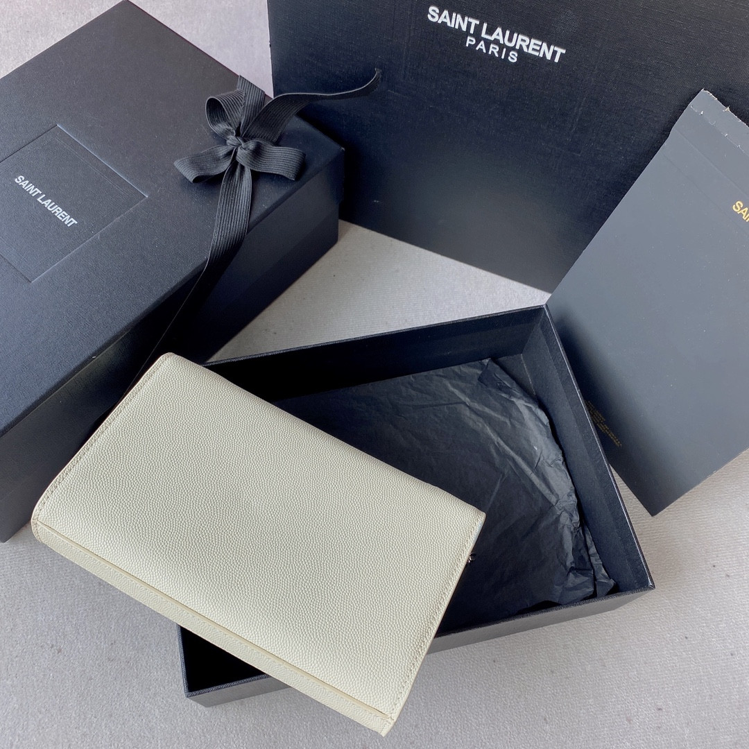 YSL KATE SMALL IN GRAIN DE POUDRE EMBOSSED LEATHER WHITE SILVER 7.8 X 4.9 X 1.9 INCHES - Image 3