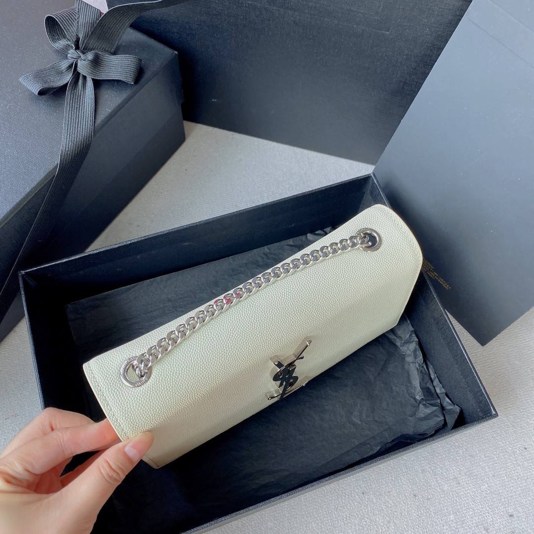 YSL KATE SMALL IN GRAIN DE POUDRE EMBOSSED LEATHER WHITE SILVER 7.8 X 4.9 X 1.9 INCHES - Image 4