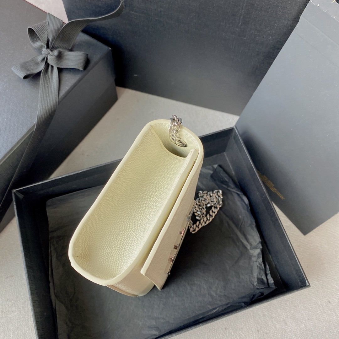 YSL KATE SMALL IN GRAIN DE POUDRE EMBOSSED LEATHER WHITE SILVER 7.8 X 4.9 X 1.9 INCHES - Image 5