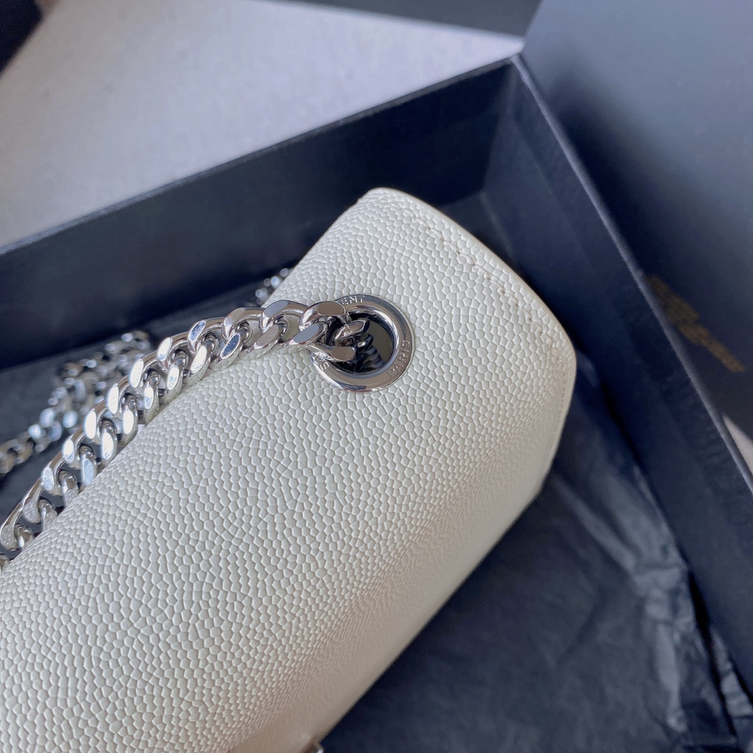 YSL KATE SMALL IN GRAIN DE POUDRE EMBOSSED LEATHER WHITE SILVER 7.8 X 4.9 X 1.9 INCHES - Image 7