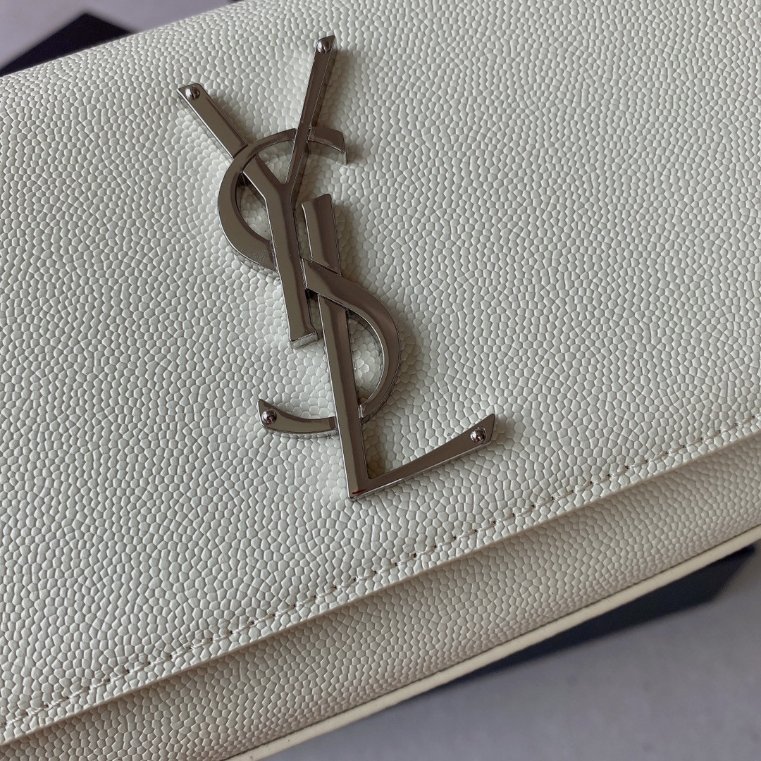 YSL KATE SMALL IN GRAIN DE POUDRE EMBOSSED LEATHER WHITE SILVER 7.8 X 4.9 X 1.9 INCHES - Image 8