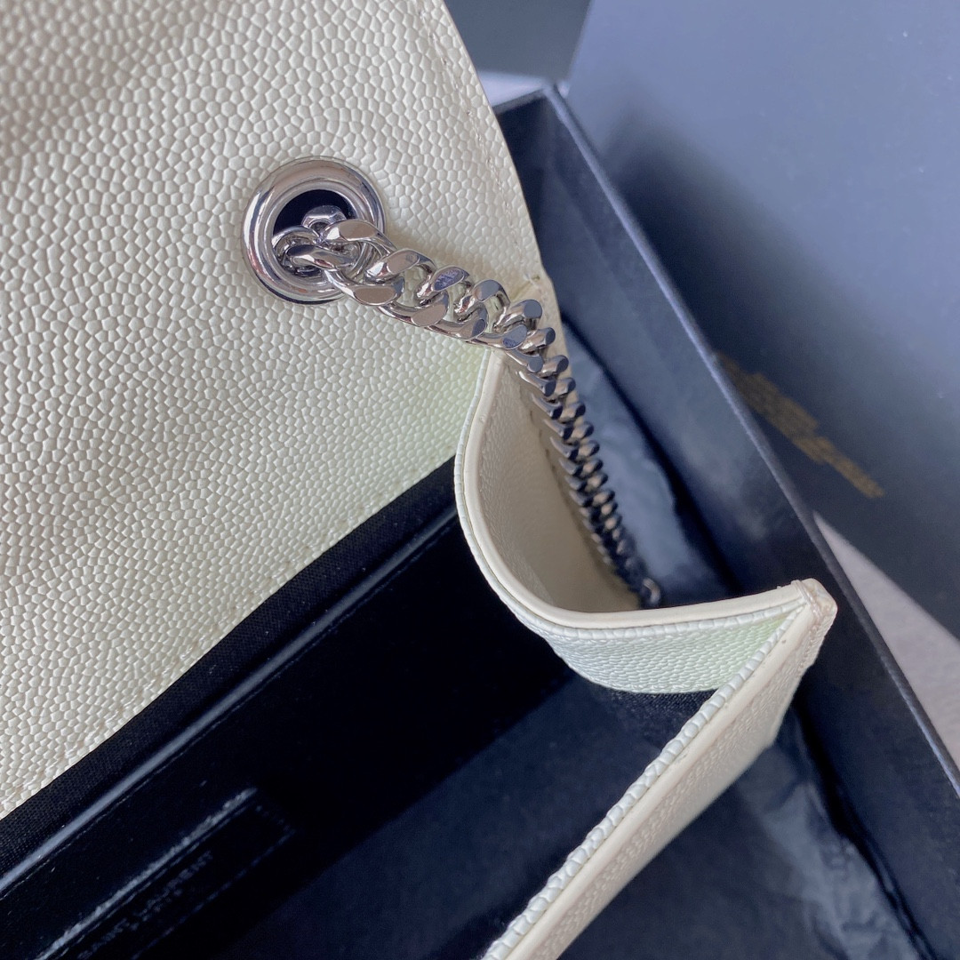 YSL KATE SMALL IN GRAIN DE POUDRE EMBOSSED LEATHER WHITE SILVER 7.8 X 4.9 X 1.9 INCHES - Image 9