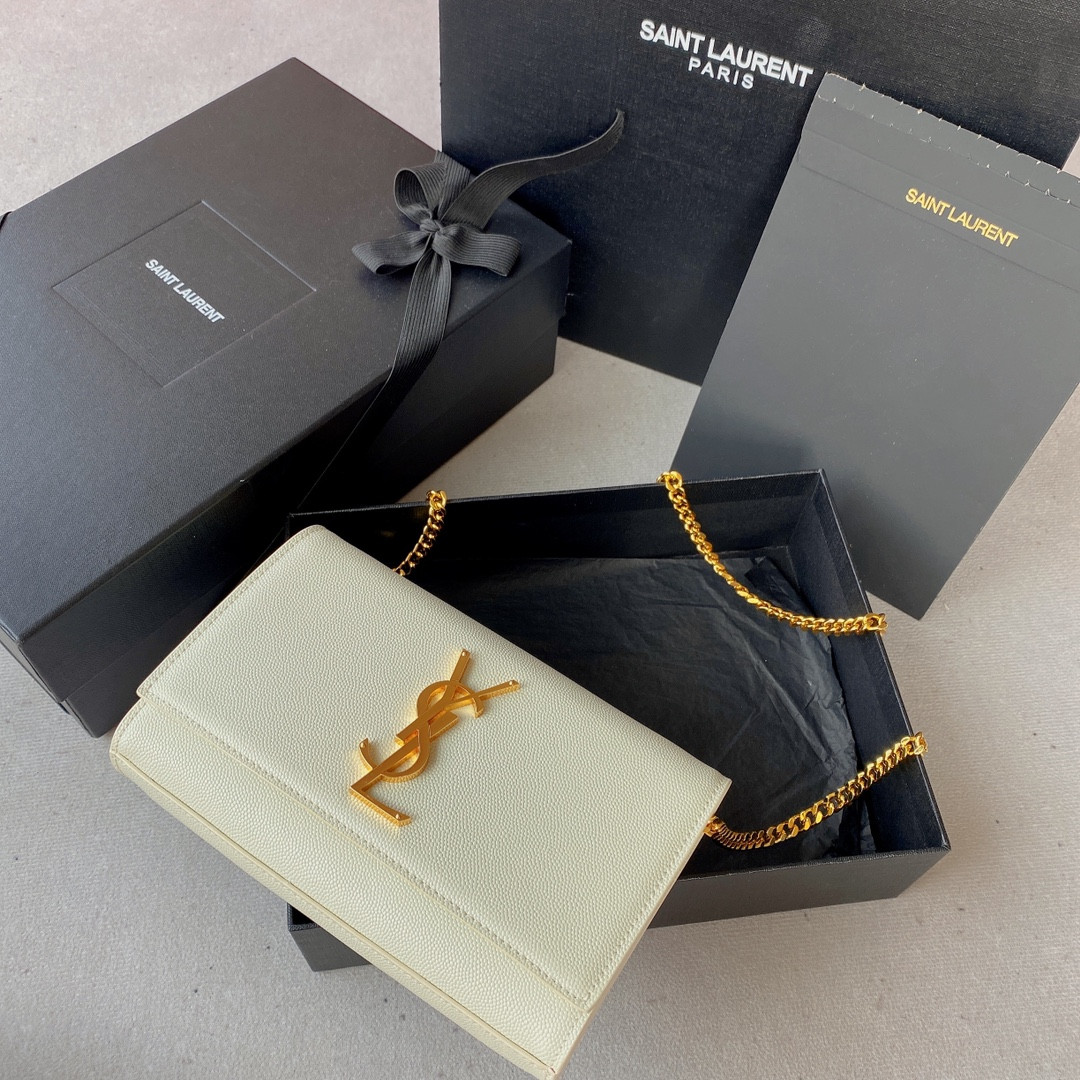 YSL KATE SMALL IN GRAIN DE POUDRE EMBOSSED LEATHER WHITE 7.8 X 4.9 X 1.9 INCHES