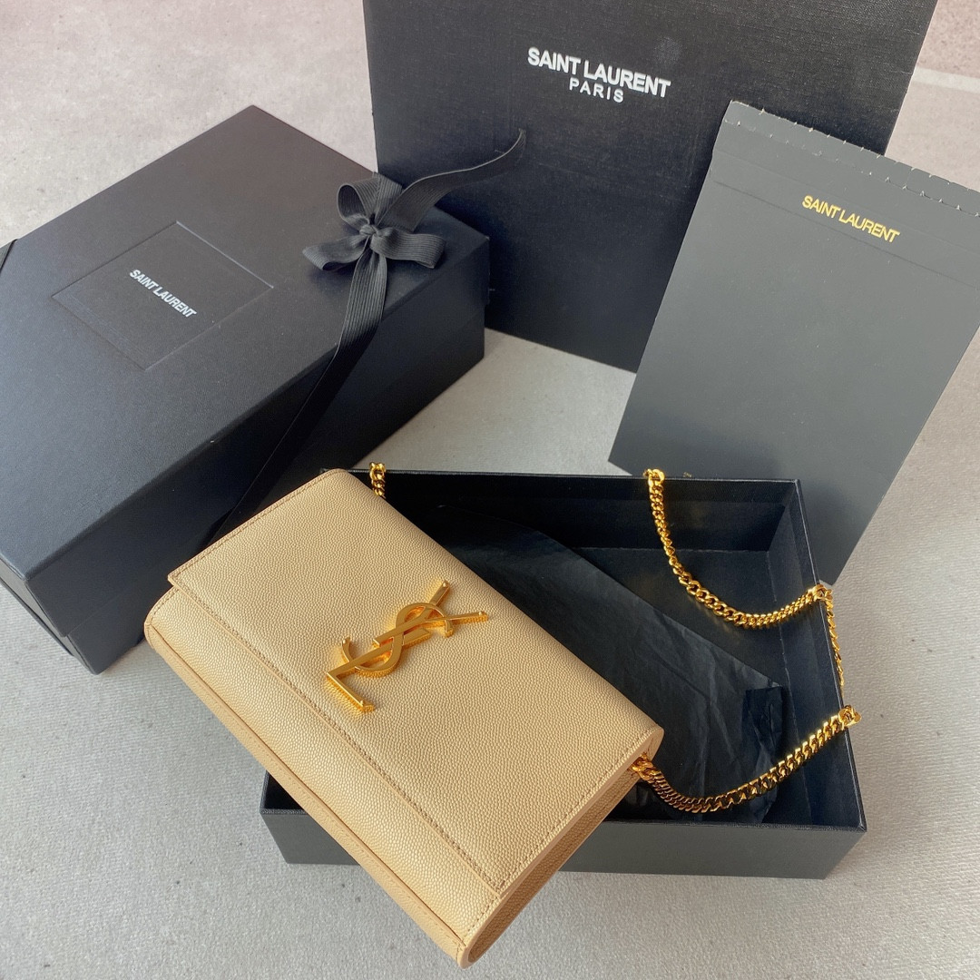 YSL KATE SMALL IN GRAIN DE POUDRE EMBOSSED LEATHER LIGHT YELLOW GOLD 7.8 X 4.9 X 1.9 INCHES