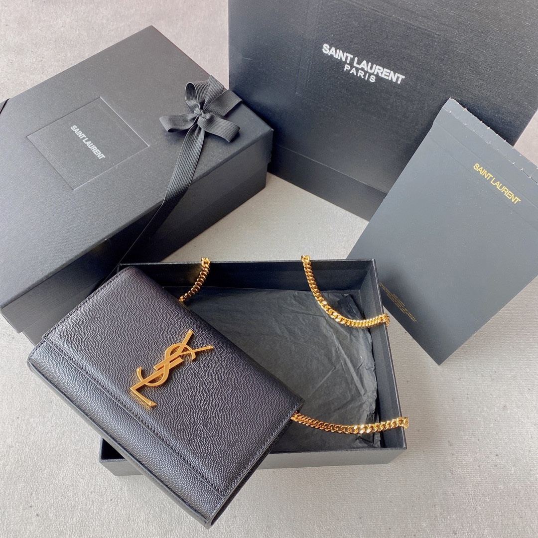 YSL KATE SMALL IN GRAIN DE POUDRE EMBOSSED LEATHER NAVY GOLD 7.8 X 4.9 X 1.9 INCHES - Image 2
