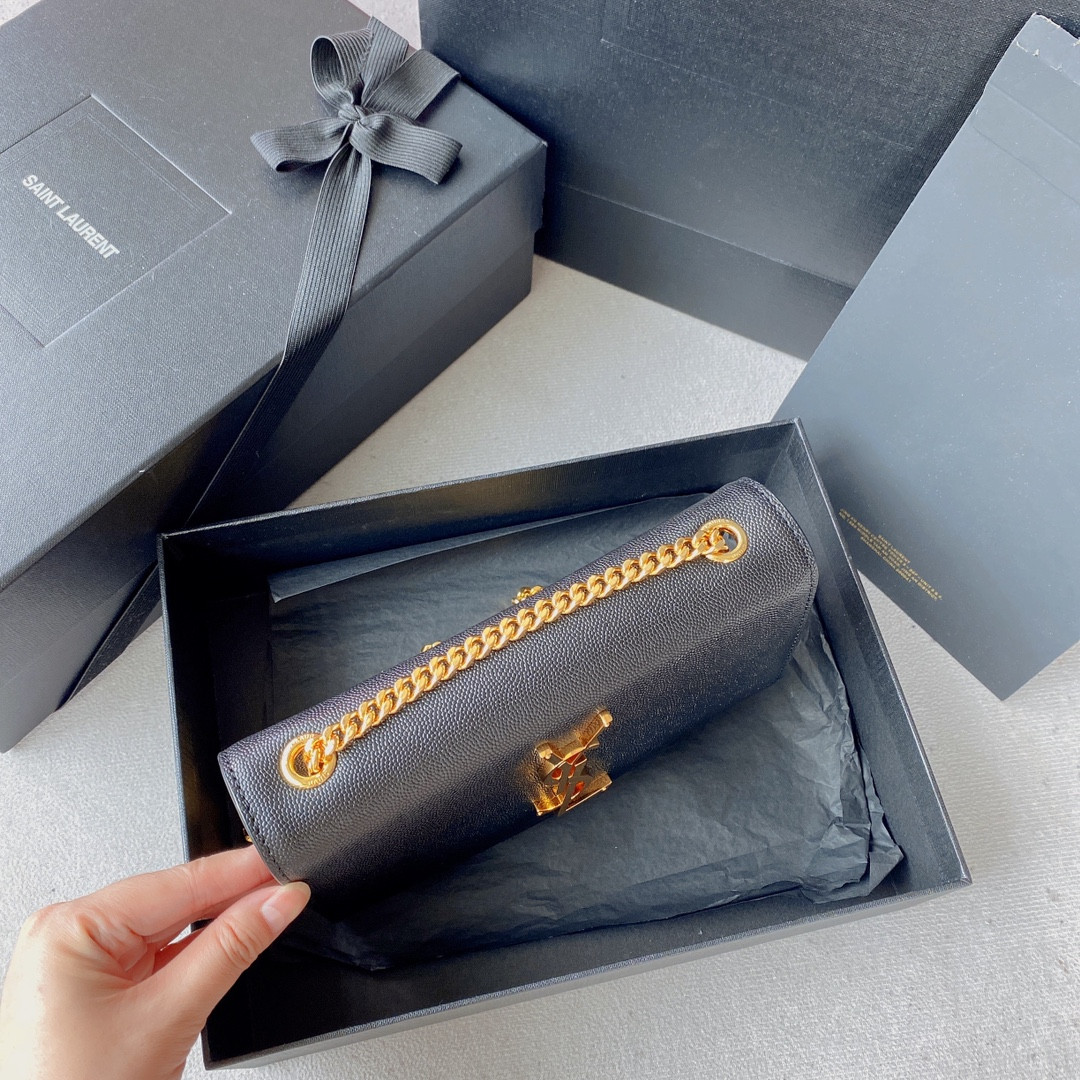 YSL KATE SMALL IN GRAIN DE POUDRE EMBOSSED LEATHER NAVY GOLD 7.8 X 4.9 X 1.9 INCHES - Image 4